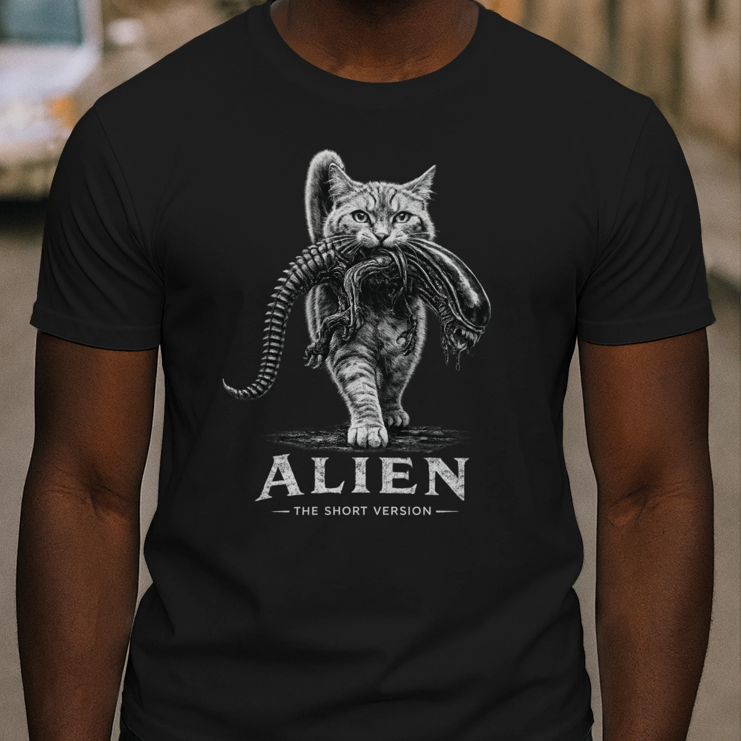 Alien The Short Version Cat T-shirt – Sci-Fi Horror Parody Graphic Tee