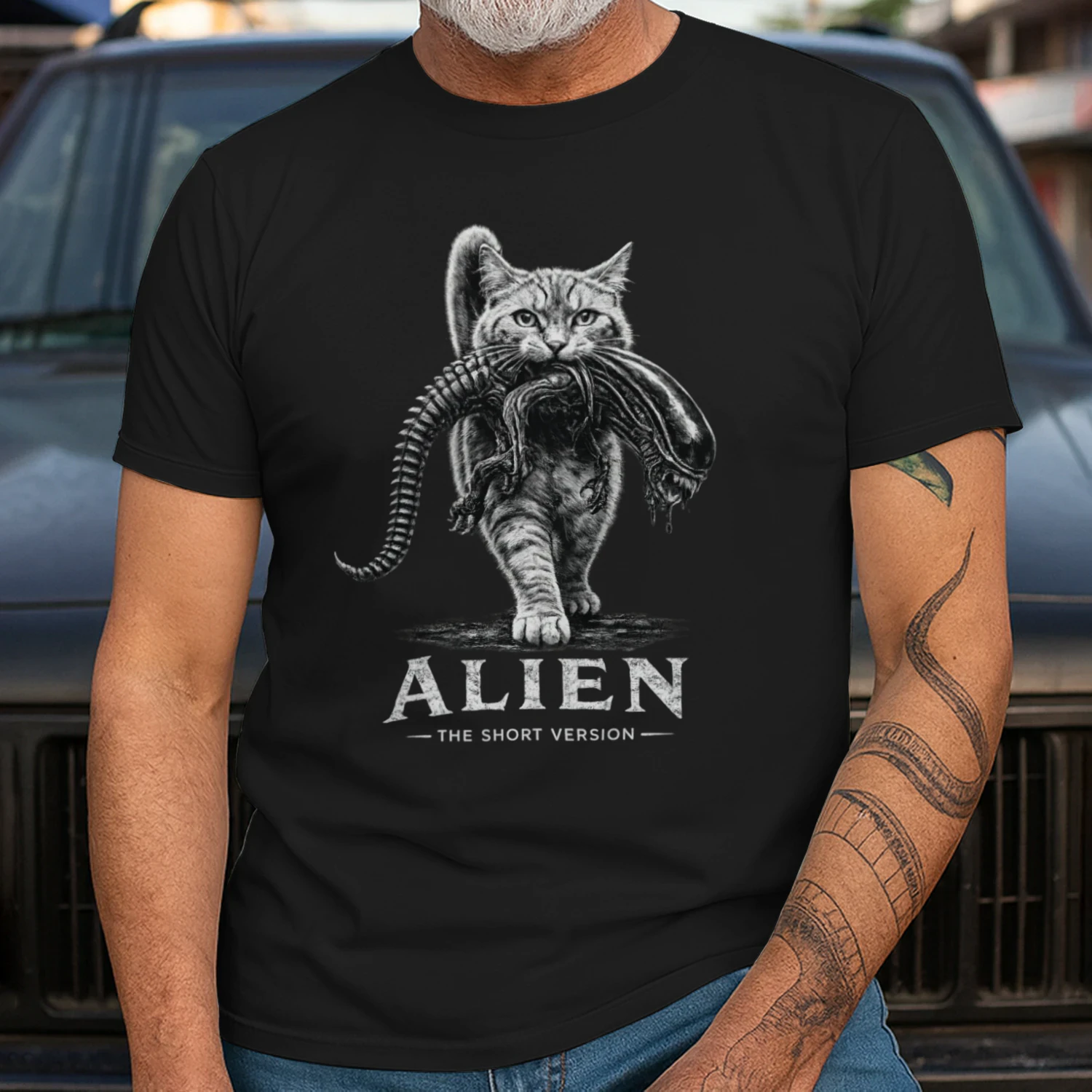 Alien The Short Version Cat T-shirt – Sci-Fi Horror Parody Graphic Tee