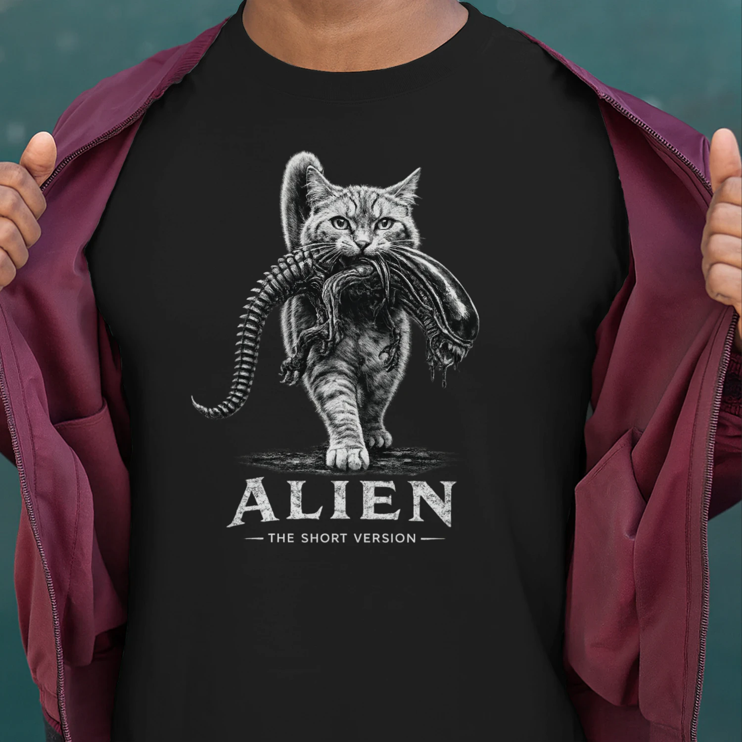 Alien The Short Version Cat T-shirt – Sci-Fi Horror Parody Graphic Tee