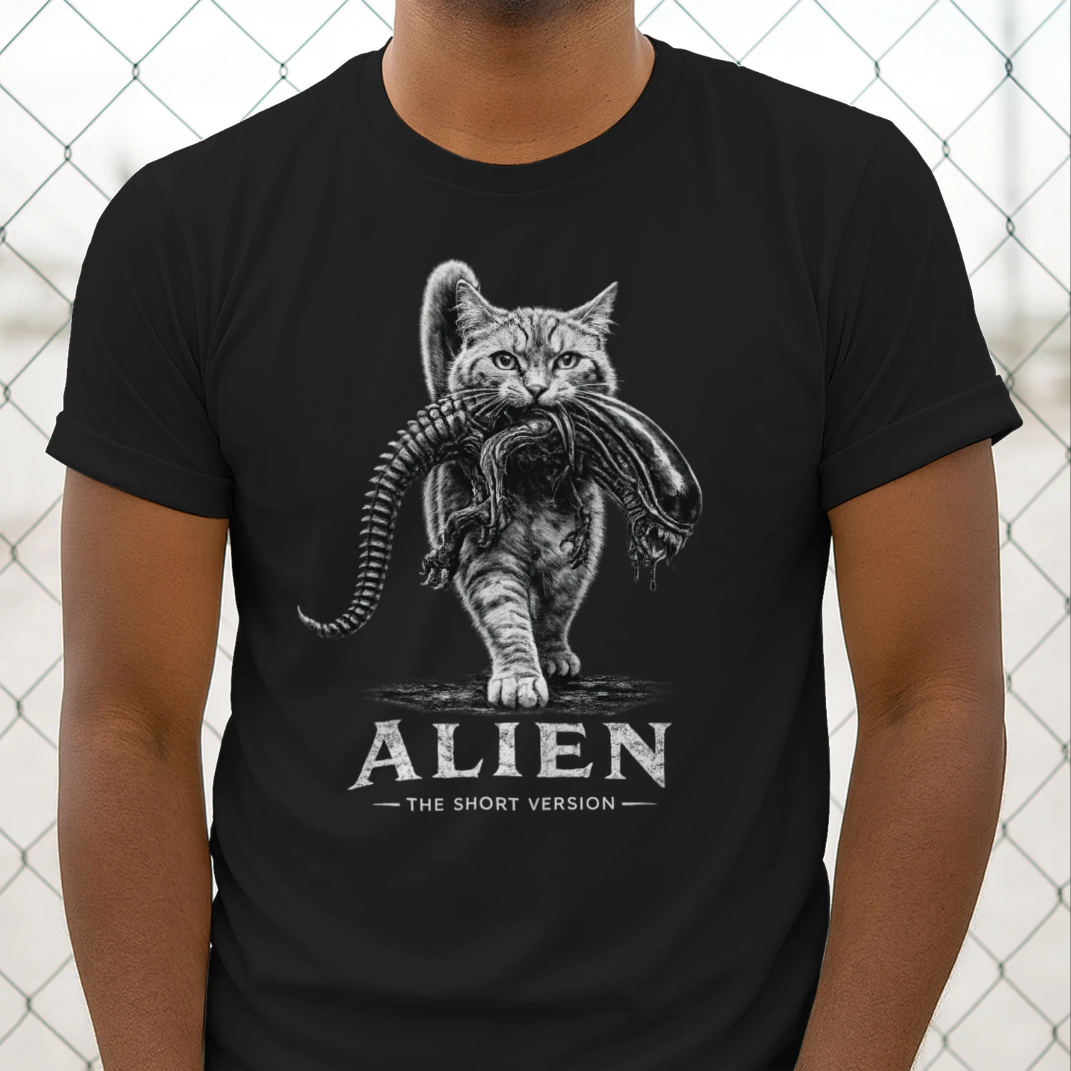 Alien The Short Version Cat T-shirt – Sci-Fi Horror Parody Graphic Tee