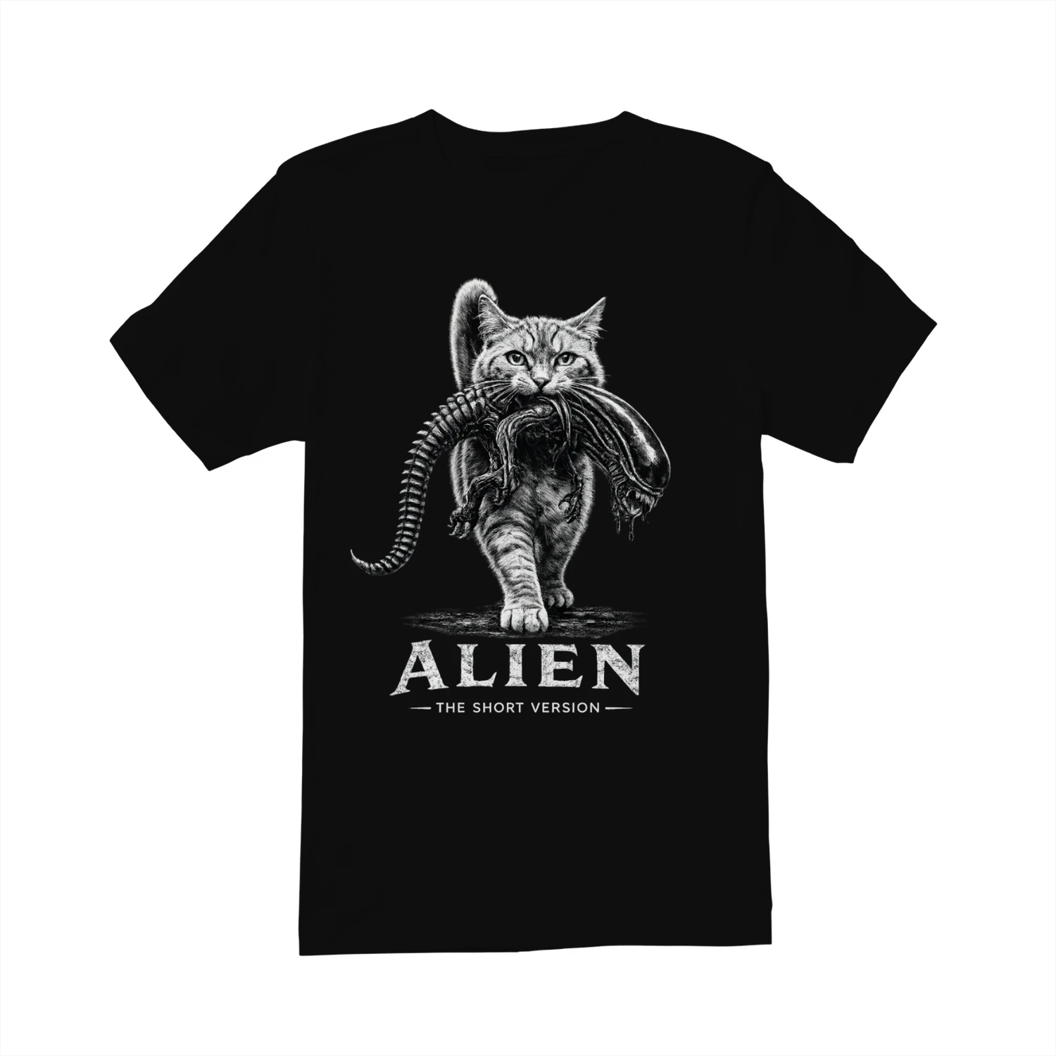 Alien The Short Version Cat T-shirt – Sci-Fi Horror Parody Graphic Tee
