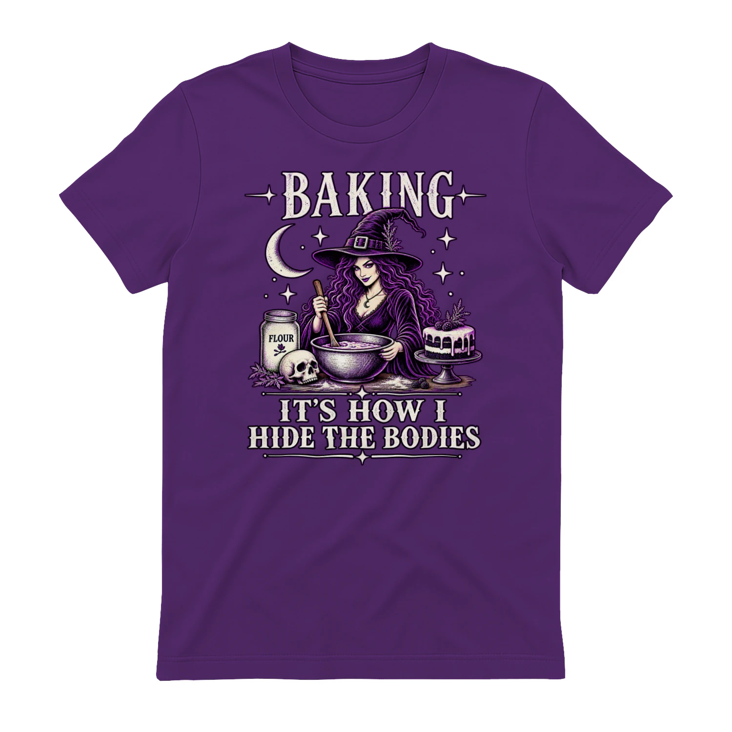 Baking It’s How I Hide the Bodies Shirt 🧙‍♀️ Funny Witch Halloween Baking T-Shirt for Bakers & Dark Humor Fans — Shop Today!