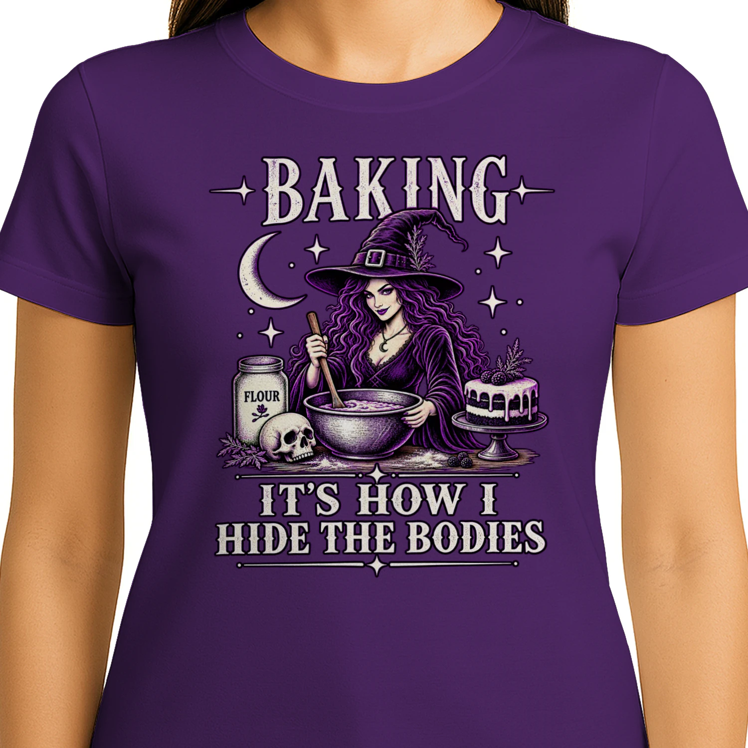 Baking It’s How I Hide the Bodies Shirt 🧙‍♀️ Funny Witch Halloween Baking T-Shirt for Bakers & Dark Humor Fans — Shop Today!