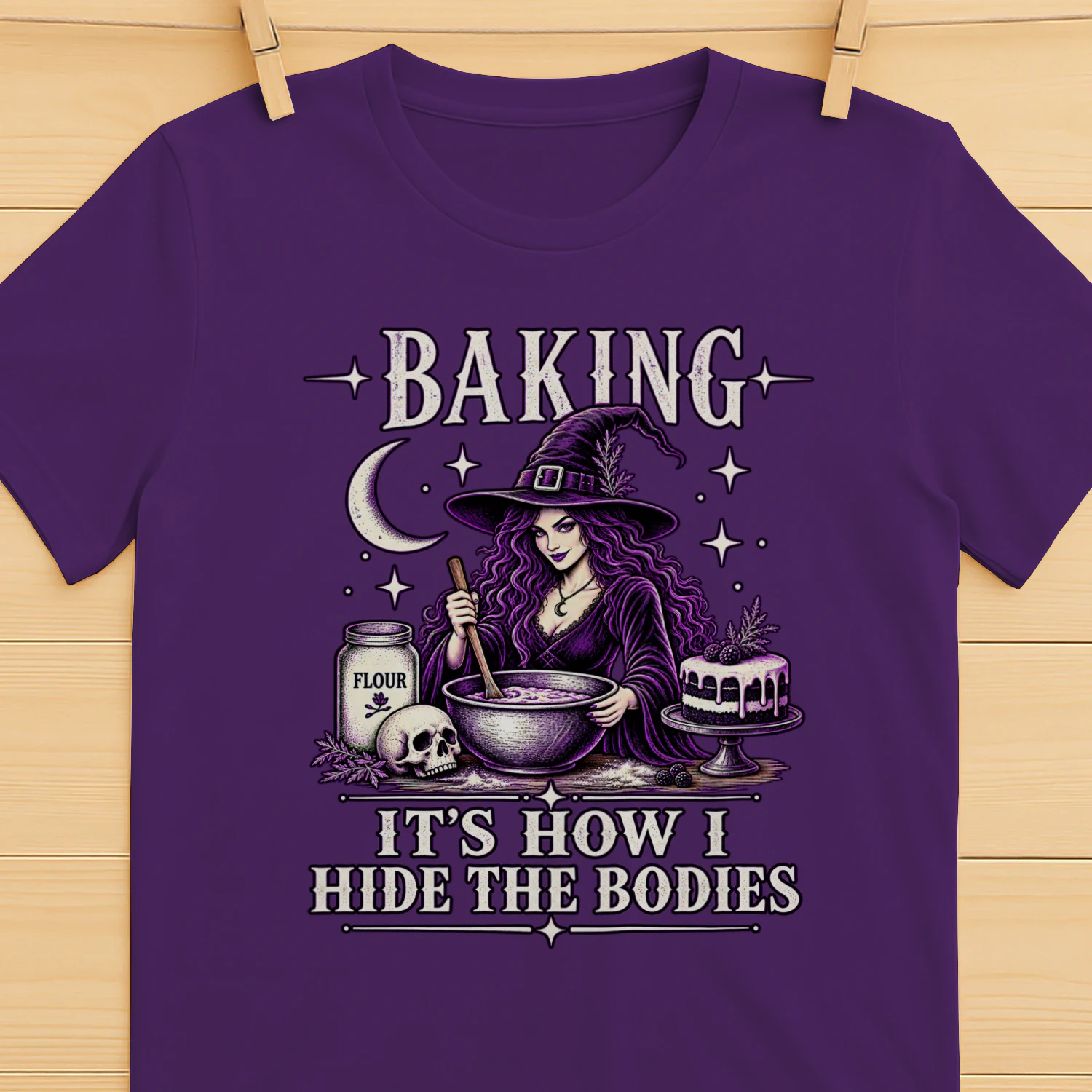 Baking It’s How I Hide the Bodies Shirt 🧙‍♀️ Funny Witch Halloween Baking T-Shirt for Bakers & Dark Humor Fans — Shop Today!