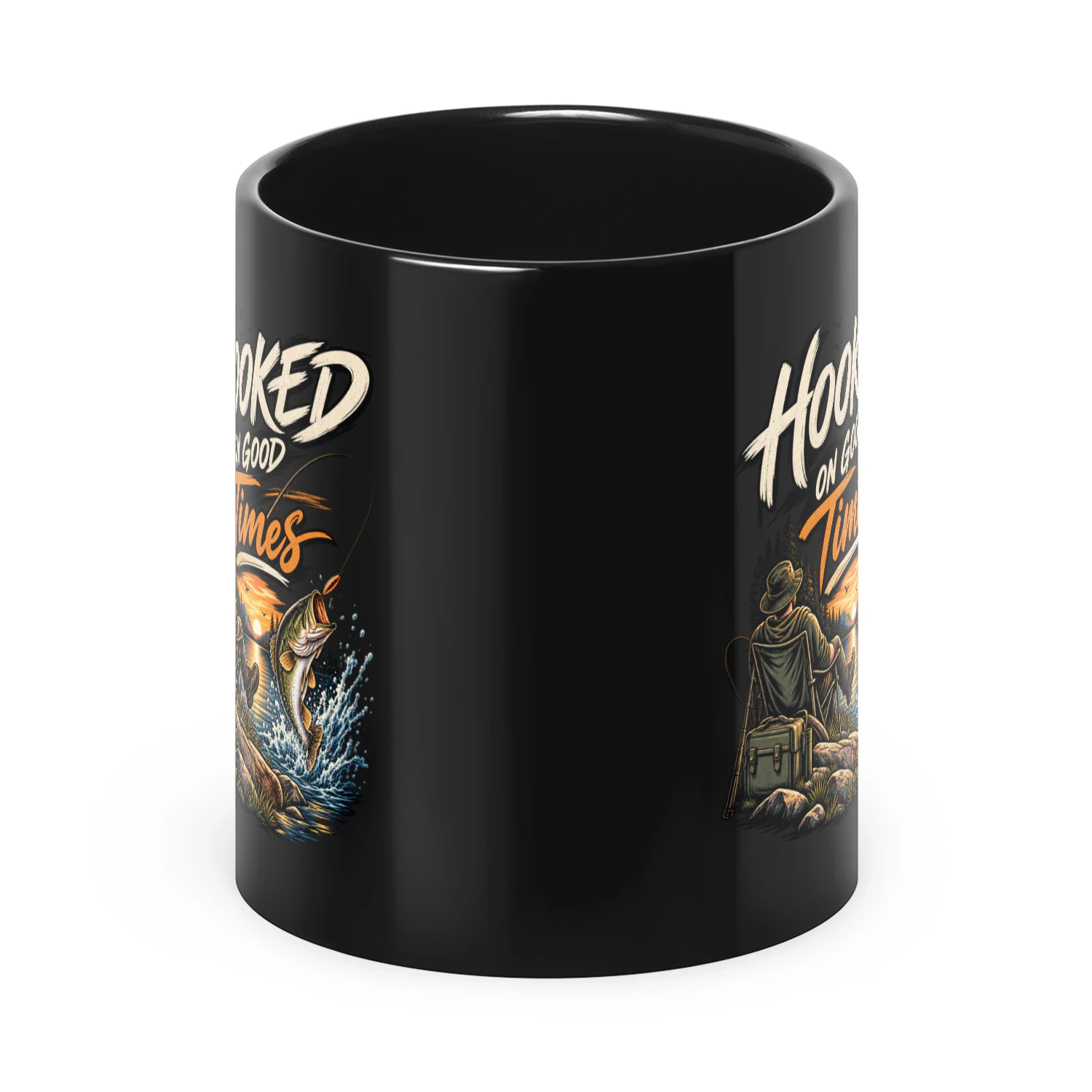 Hooked on Good Times Fishing Black Ceramic Mug 11oz – Vintage Fishing Gift for Anglers