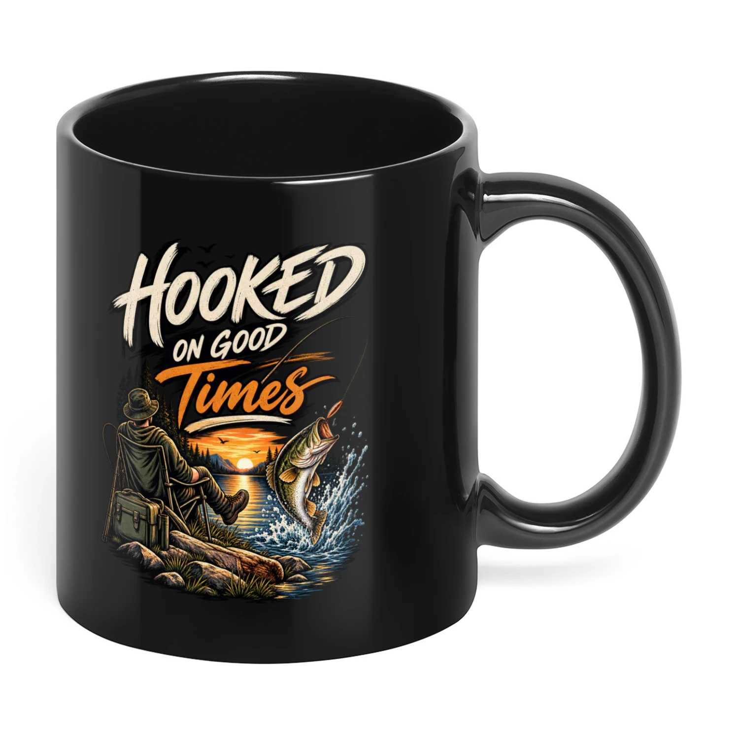 Hooked on Good Times Fishing Black Ceramic Mug 11oz – Vintage Fishing Gift for Anglers