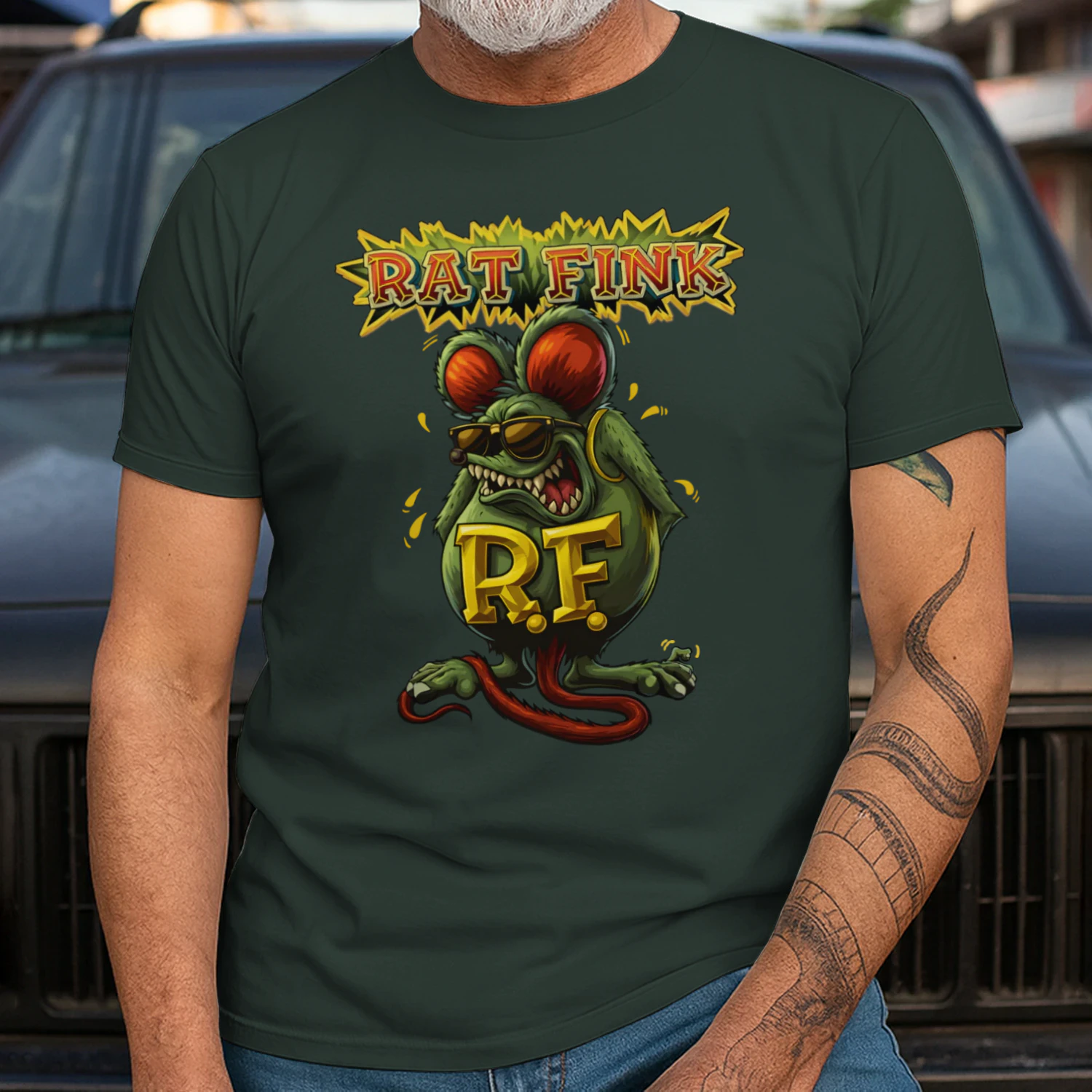 Funny RAT FINK Hot Rod 🐀🔥 Rat Fink with SUNGLASSES Horror Spooky Rat Vintage Kustom Kulture Cartoon Car Tee