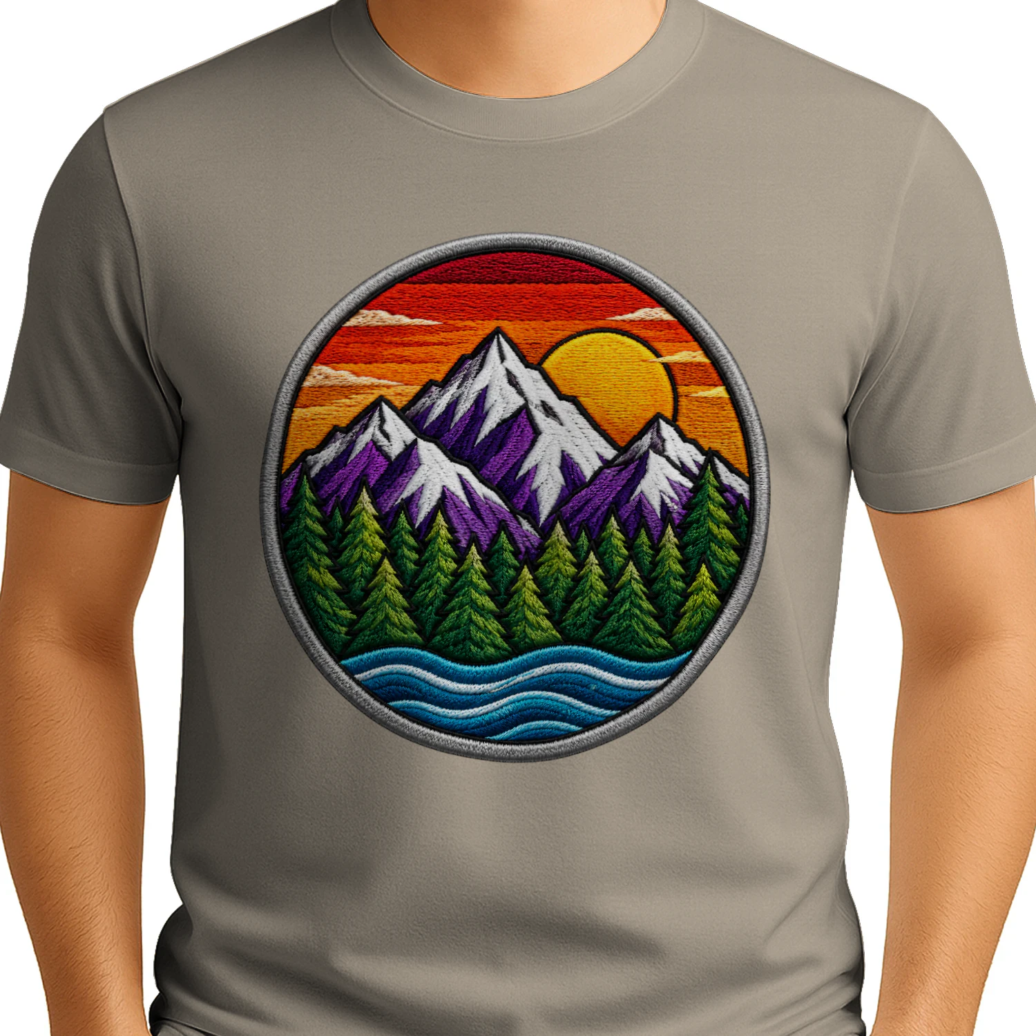 Lila Berge Sonnenuntergang T-Shirt – See, Wald, Outdoor