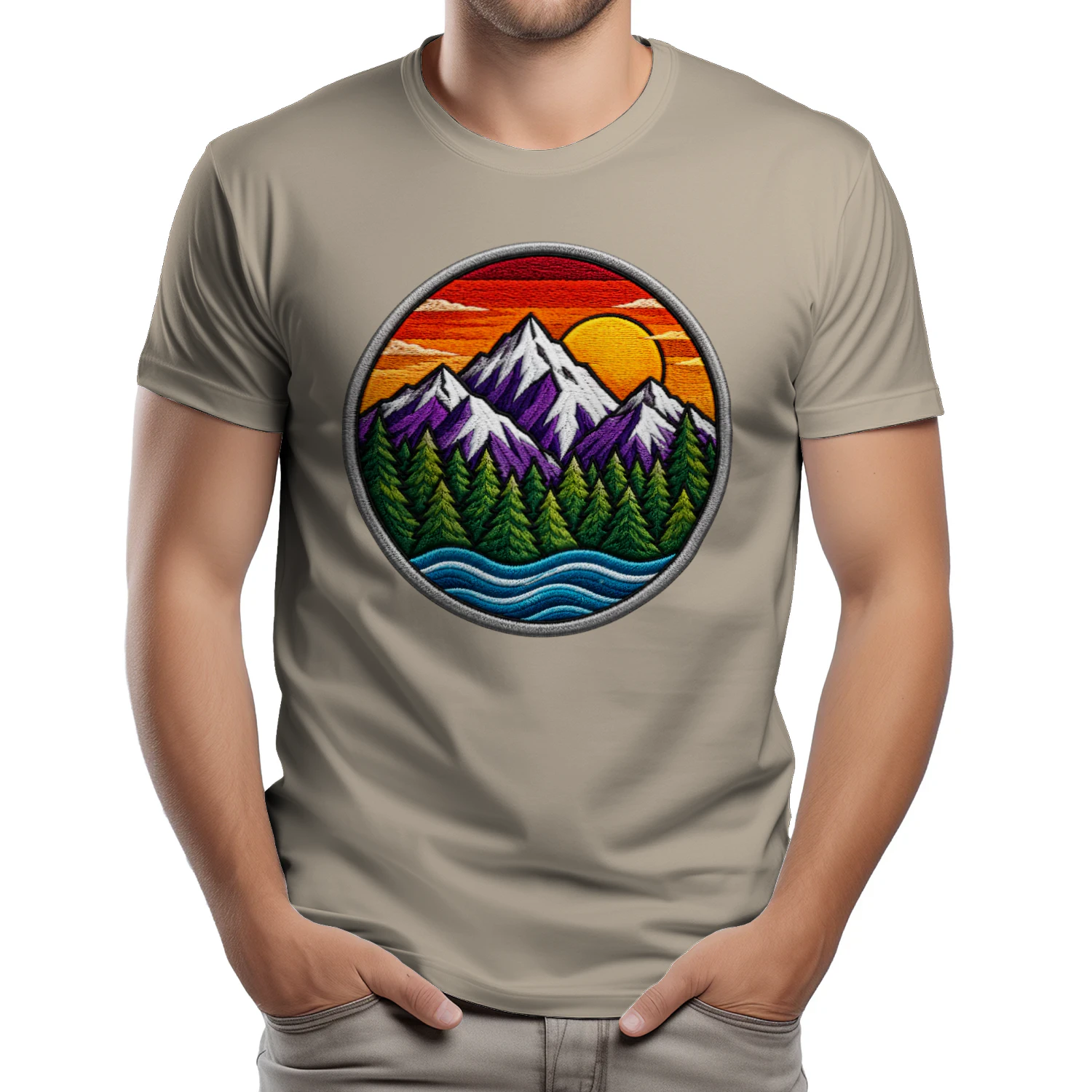 Lila Berge Sonnenuntergang T-Shirt – See, Wald, Outdoor
