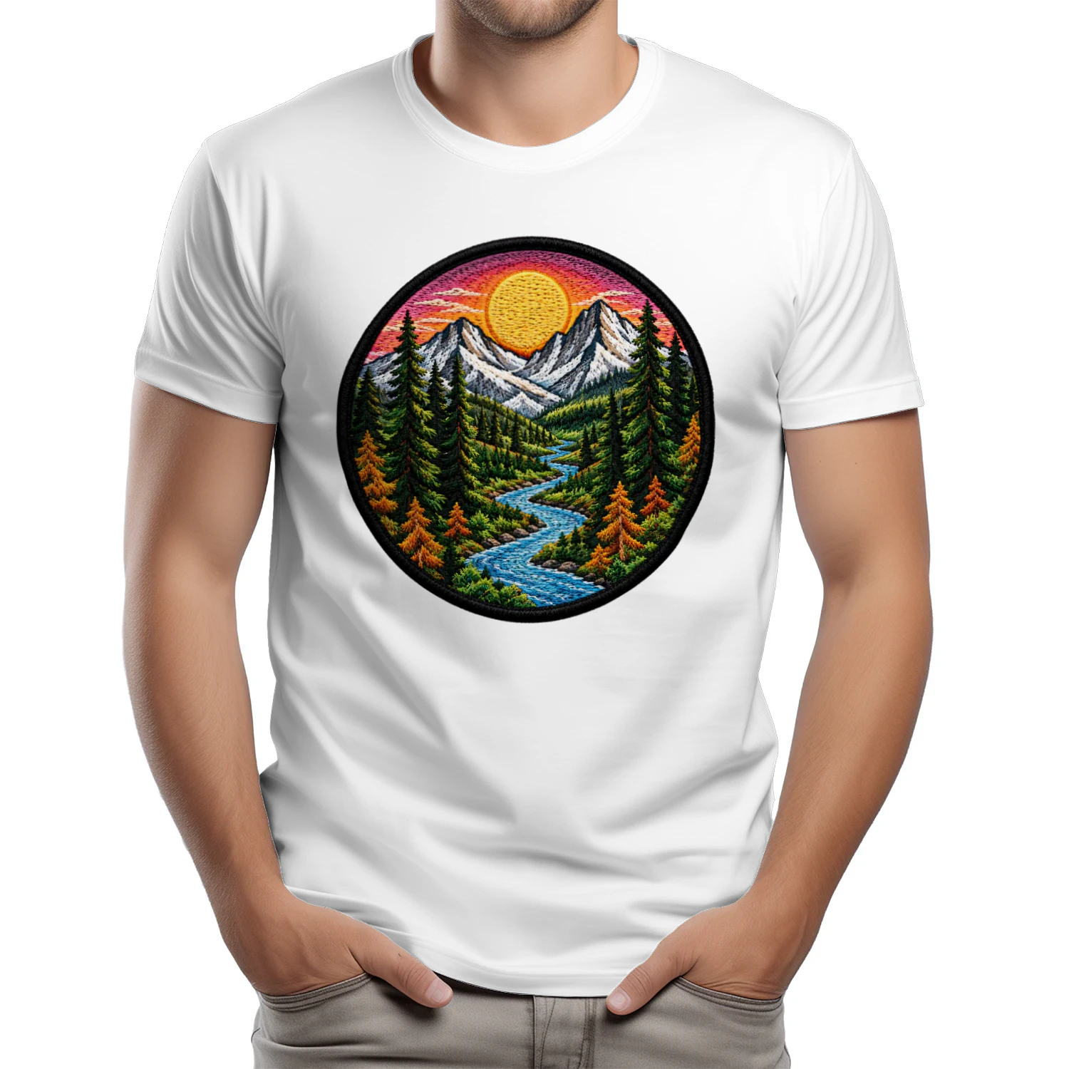 Bergfluss Sonnenuntergang T-Shirt – Wald, Natur, Outdoor