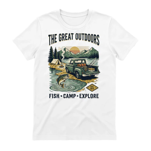 The Great Outdoors Fish Camp Explore Retro Bass Fishing Camping Pickup Truck Lake T-Shirt