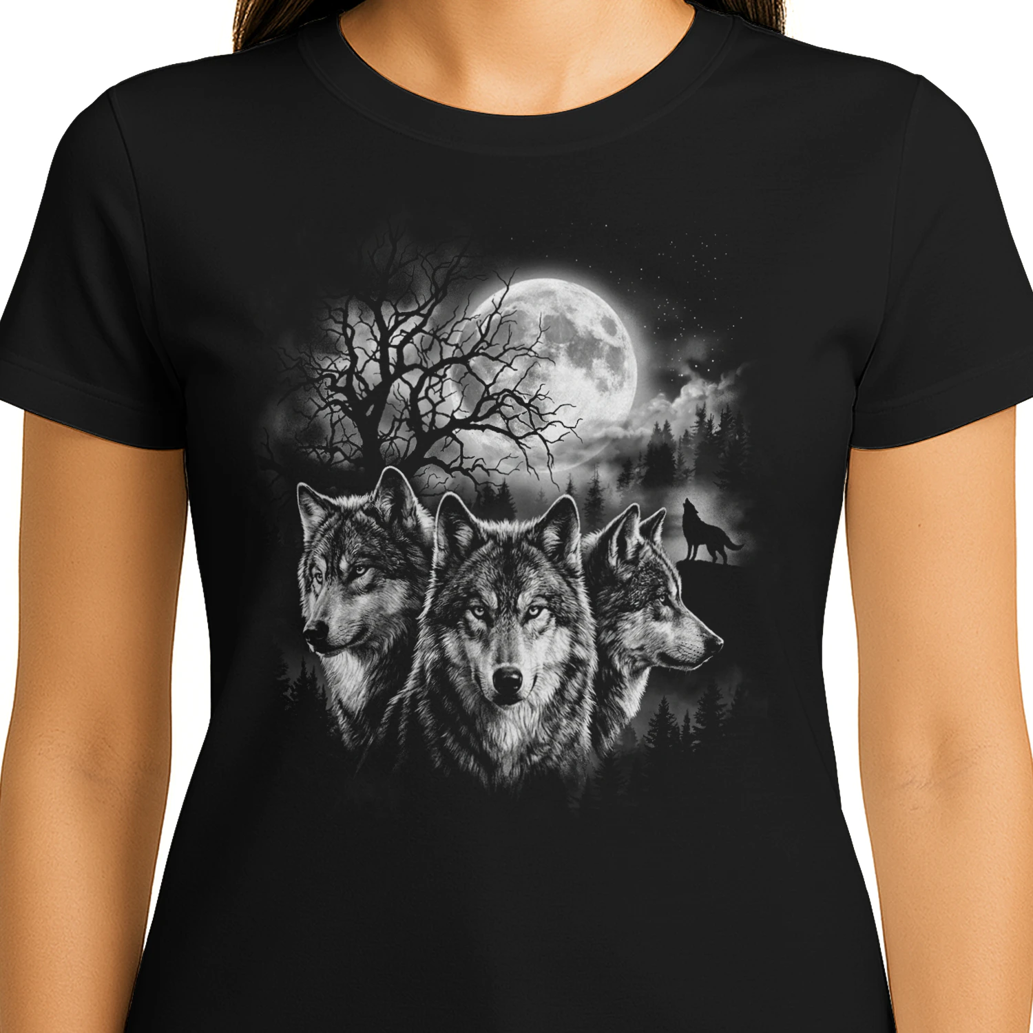 design 3Three Wolves Howling at Moon T-Shirt
