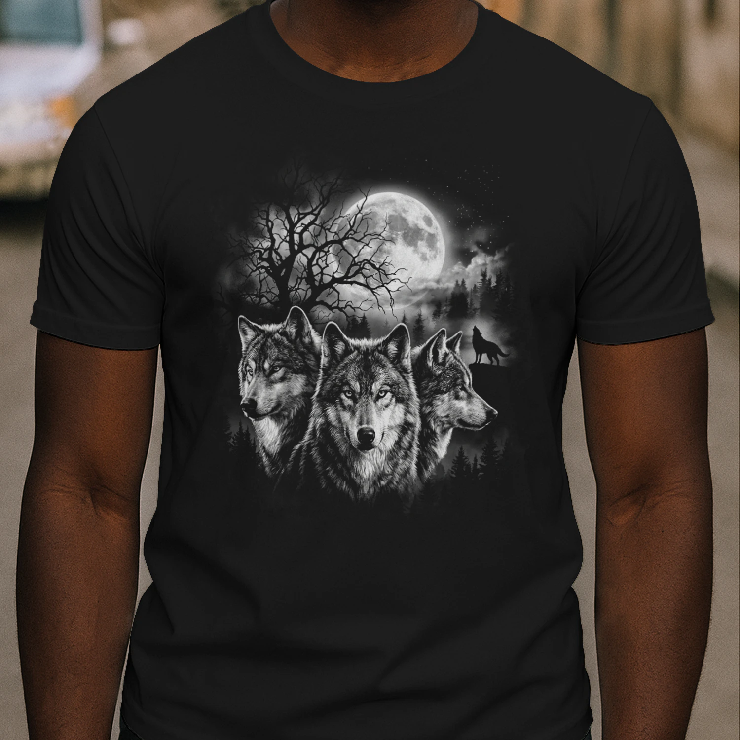 design 3Three Wolves Howling at Moon T-Shirt