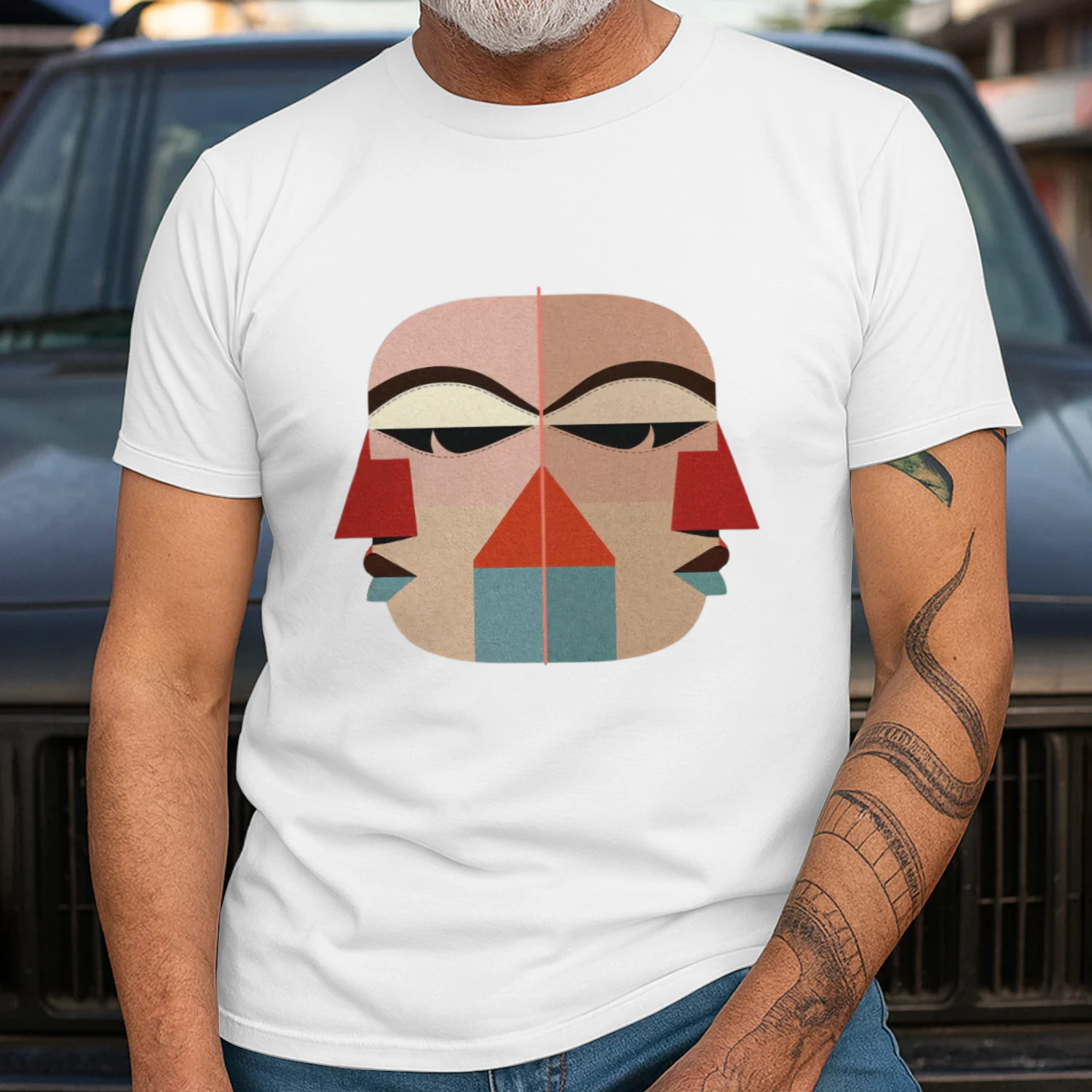Minimalist Cubist Face Graphic T-Shirt - Abstract Tribal Tribal Line Art Tee