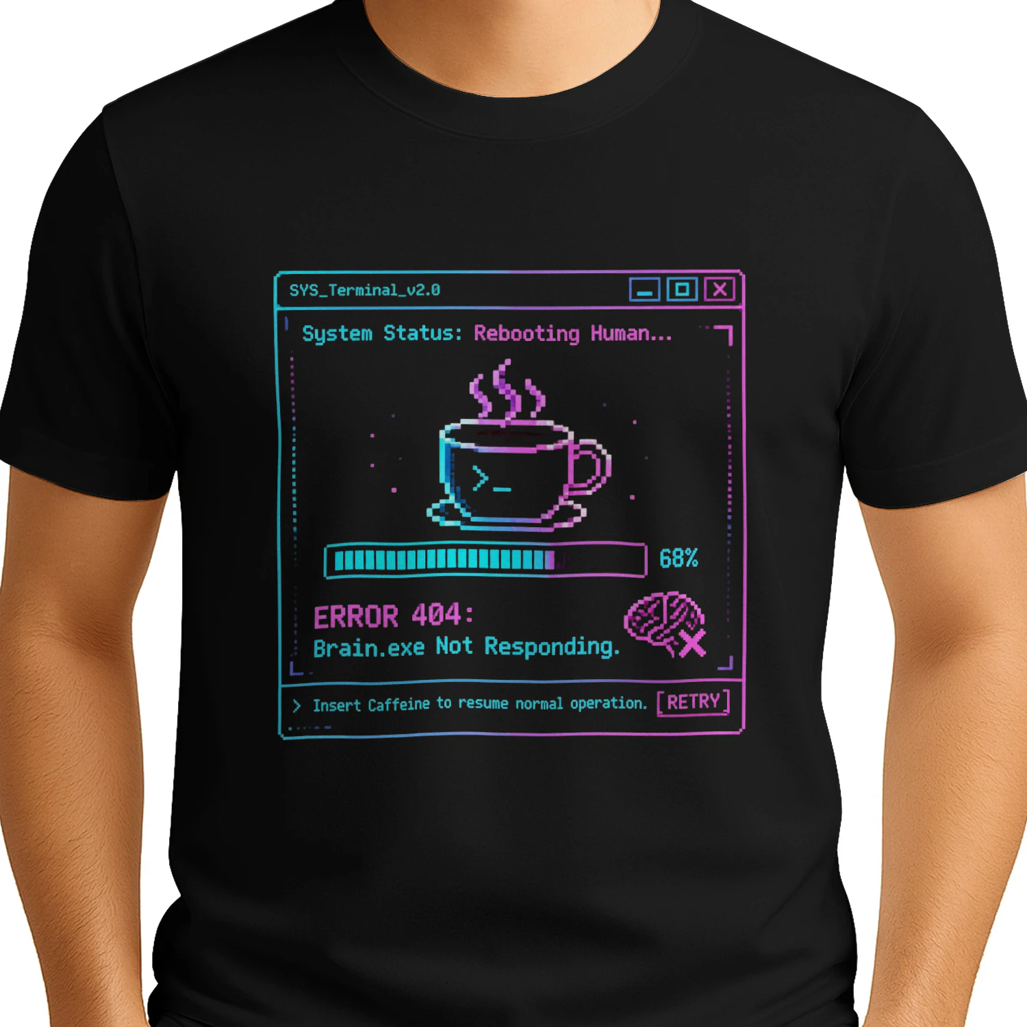 Funny Programmer Coffee T-Shirt - Error 404 Brain.exe Not Responding Neon Cyberpunk Graphic Tee - Rebooting Human Caffeine Lover Gift