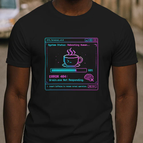 Funny Programmer Coffee T-Shirt - Error 404 Brain.exe Not Responding Neon Cyberpunk Graphic Tee - Rebooting Human Caffeine Lover Gift