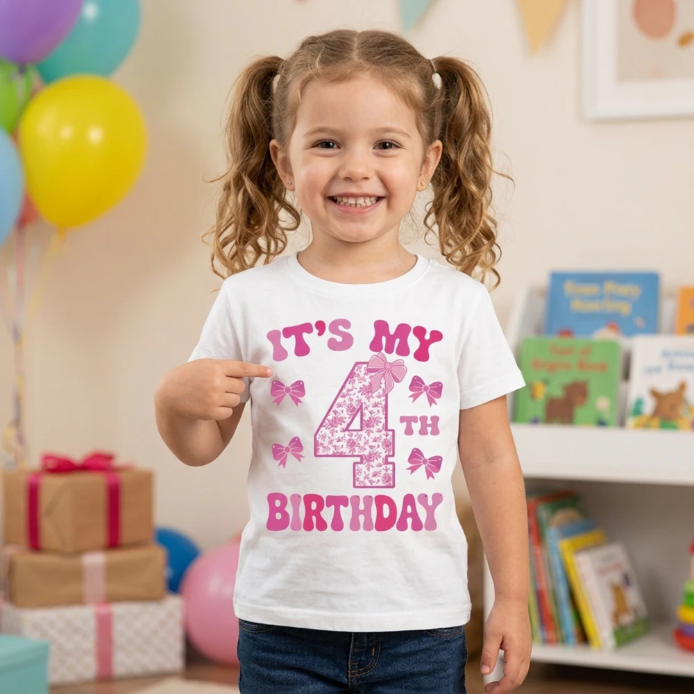 It's My 4th Birthday - Coquette Floral Pink Bow Milestone Birthday Apparel