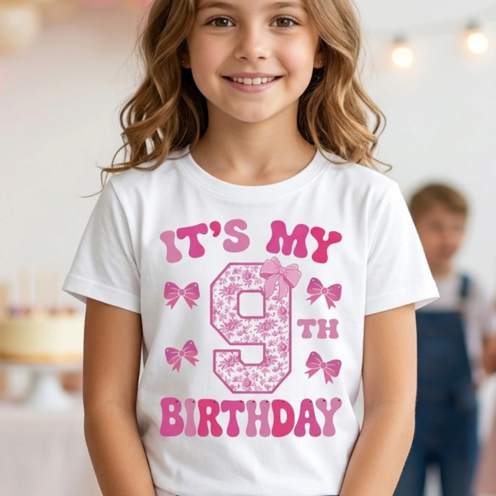 It's My 9th Birthday - Coquette Floral Pink Bow Milestone Birthday Apparel