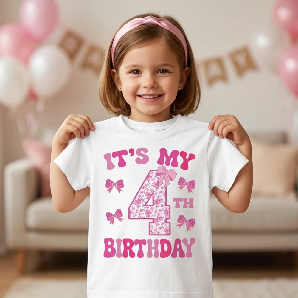 It's My 4th Birthday - Coquette Floral Pink Bow Milestone Birthday Apparel