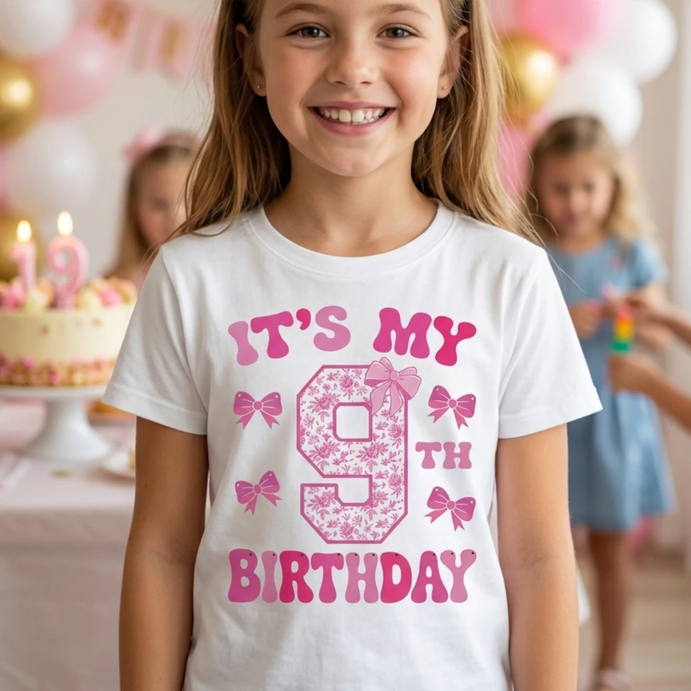 It's My 9th Birthday - Coquette Floral Pink Bow Milestone Birthday Apparel