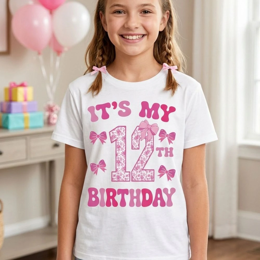 It's My 12th Birthday - Coquette Floral Pink Bow Milestone Birthday Apparel