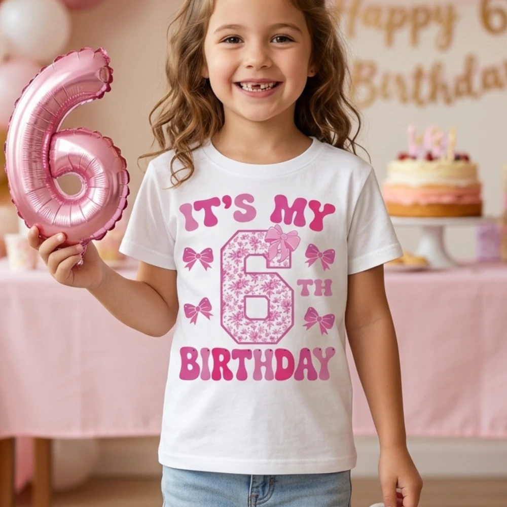It's My 6th Birthday - Coquette Floral Pink Bow Milestone Birthday Apparel