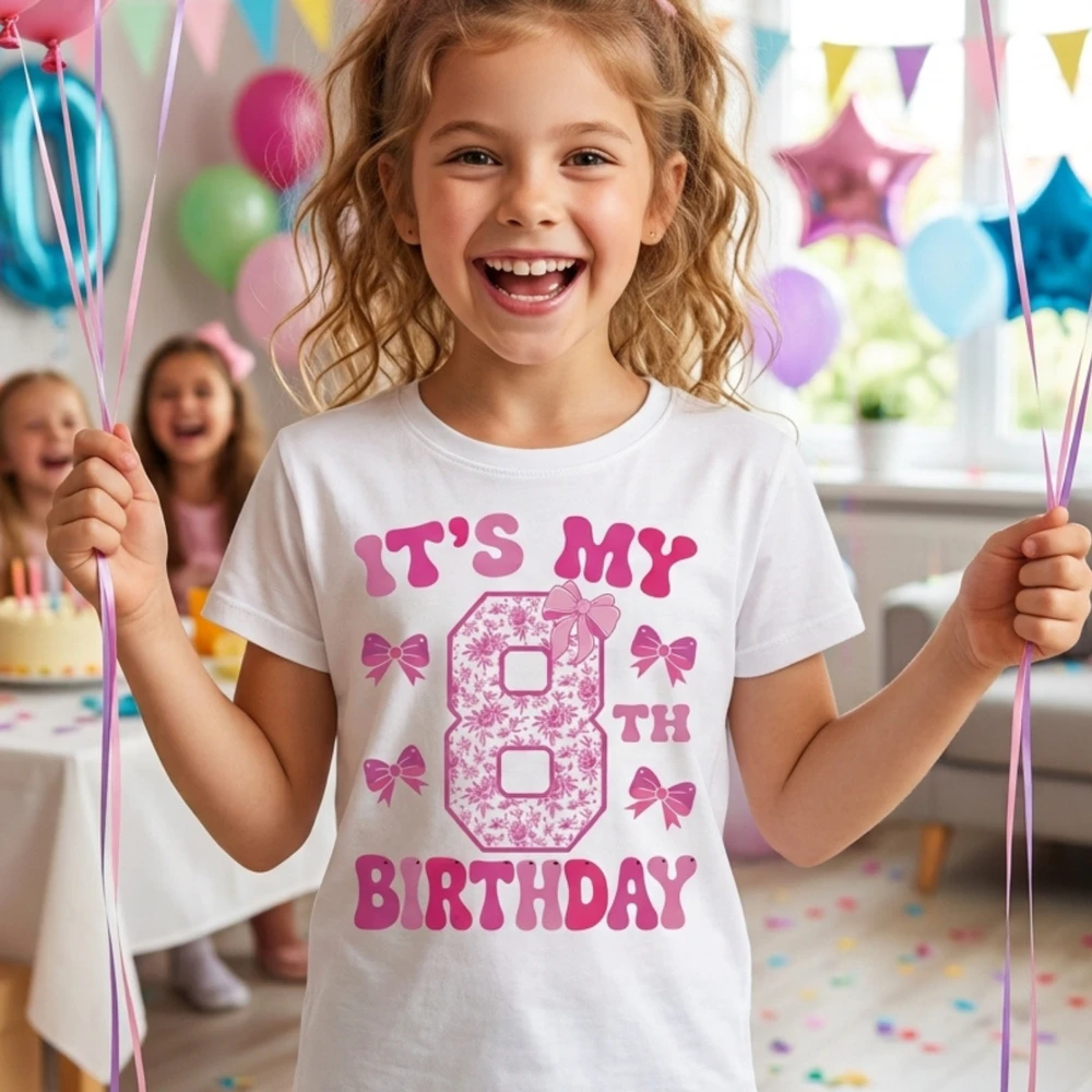 It's My 8th Birthday - Coquette Floral Pink Bow Milestone Birthday Apparel