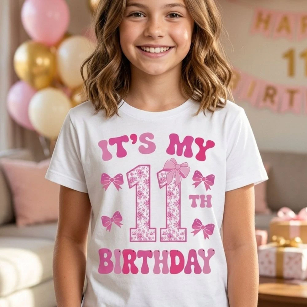 It's My 11th Birthday - Coquette Floral Pink Bow Milestone Birthday Apparel