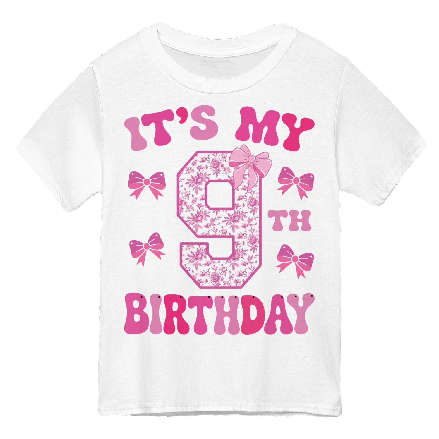 It's My 9th Birthday - Coquette Floral Pink Bow Milestone Birthday Apparel