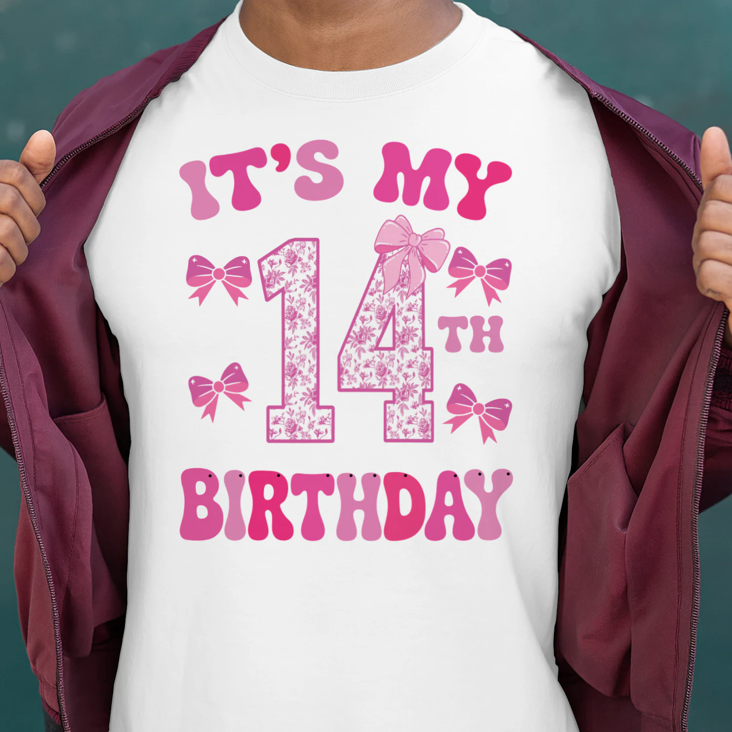 It's My 14th Birthday - Coquette Floral Pink Bow Milestone Birthday Apparel