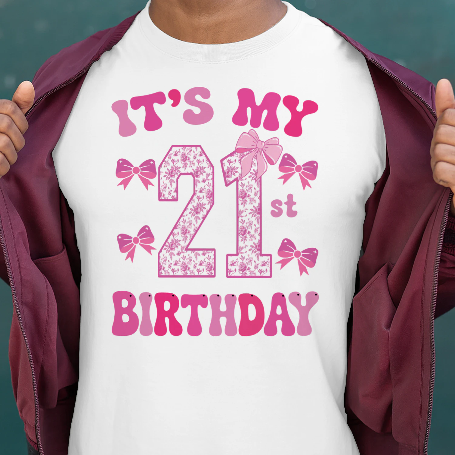 It's My 21st Birthday - Coquette Floral Pink Bow Milestone Birthday Apparel