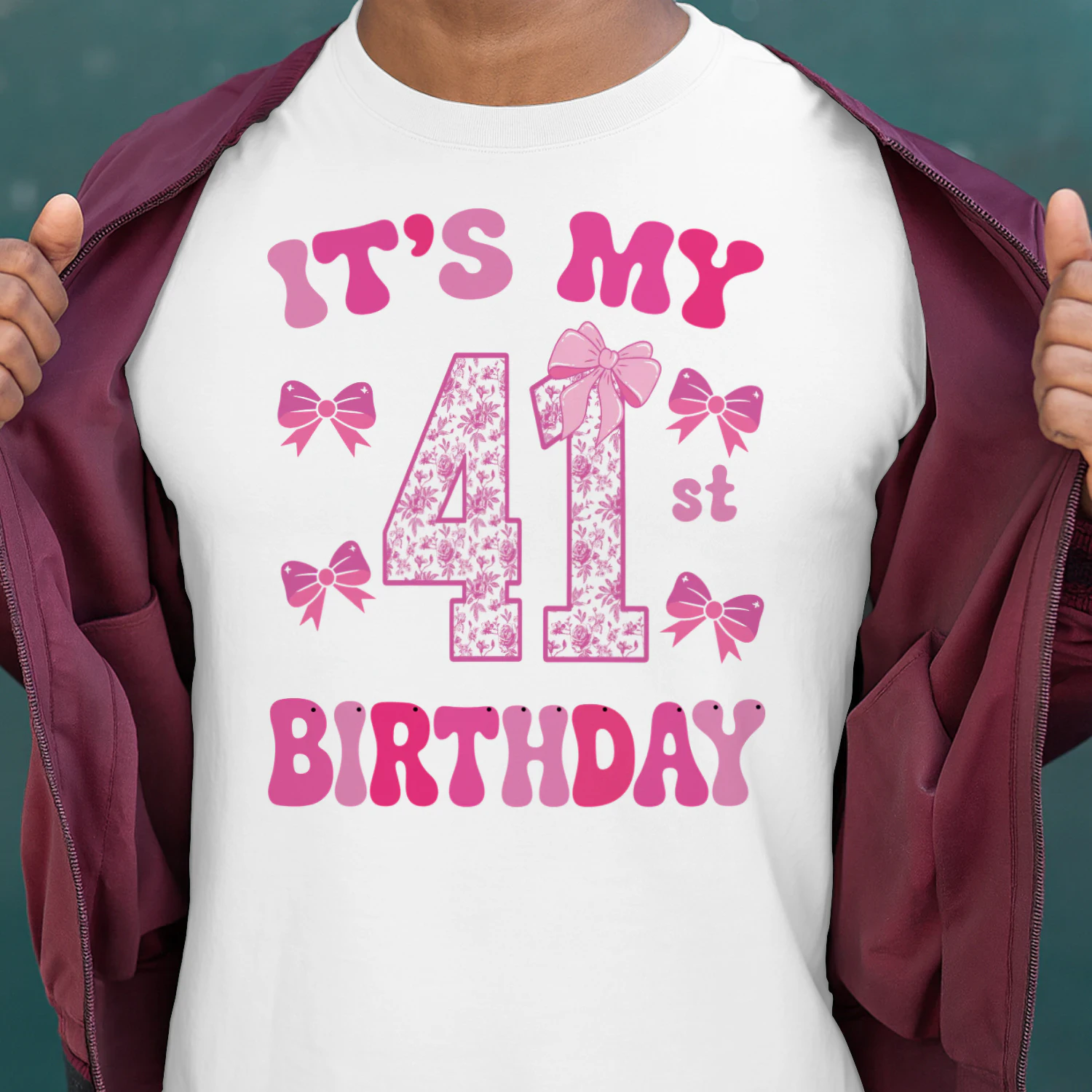 It's My 41st Birthday - Coquette Floral Pink Bow Milestone Birthday Apparel