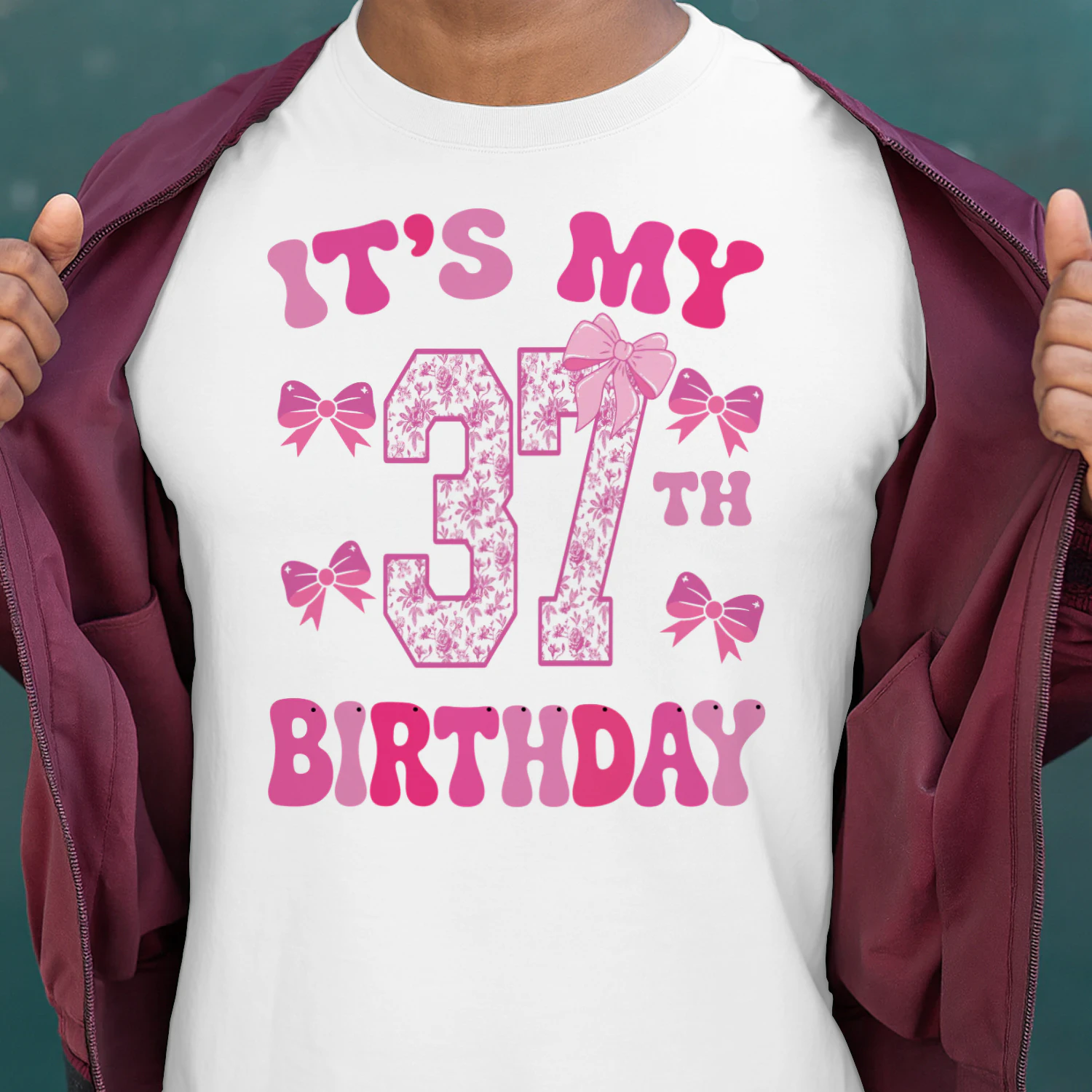 It's My 37th Birthday - Coquette Floral Pink Bow Milestone Birthday Apparel