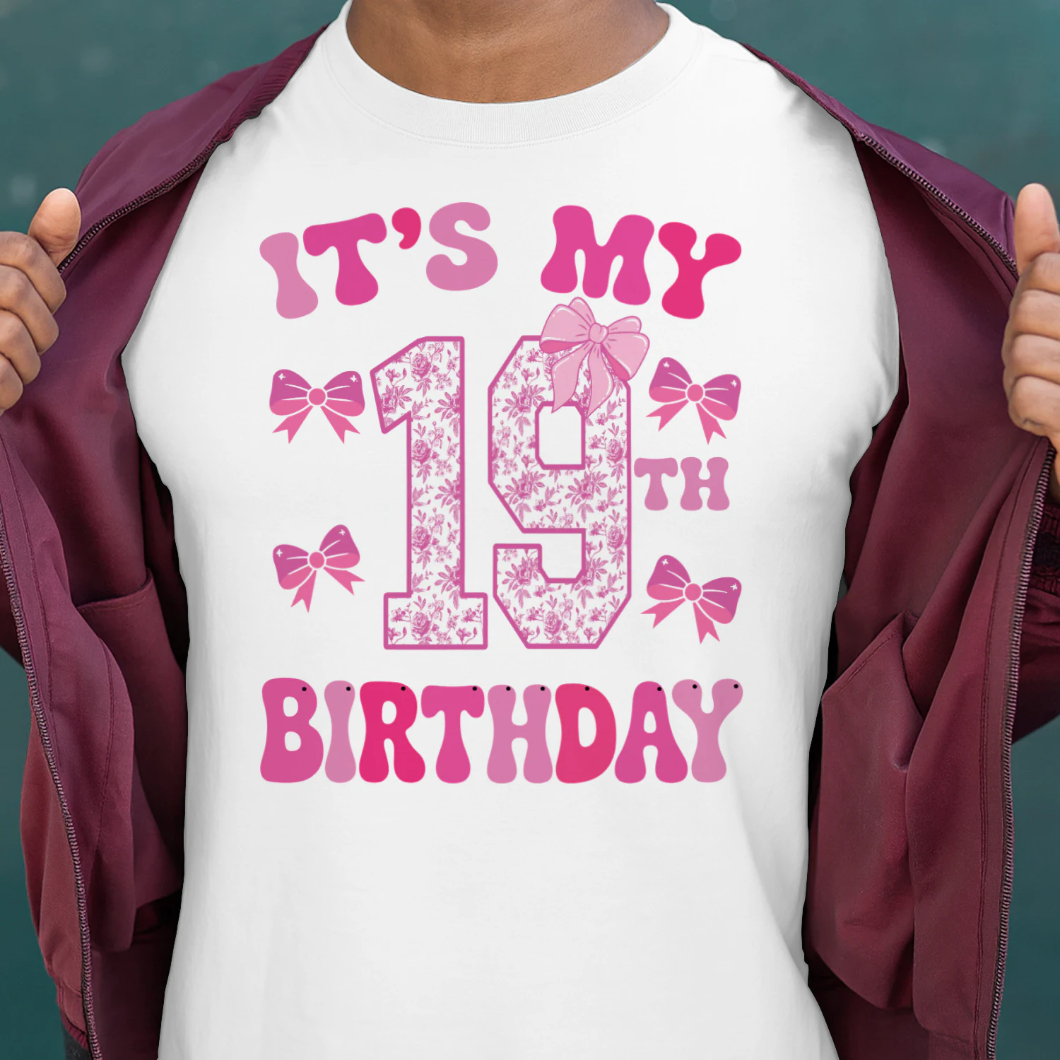 It's My 19th Birthday - Coquette Floral Pink Bow Milestone Birthday Apparel