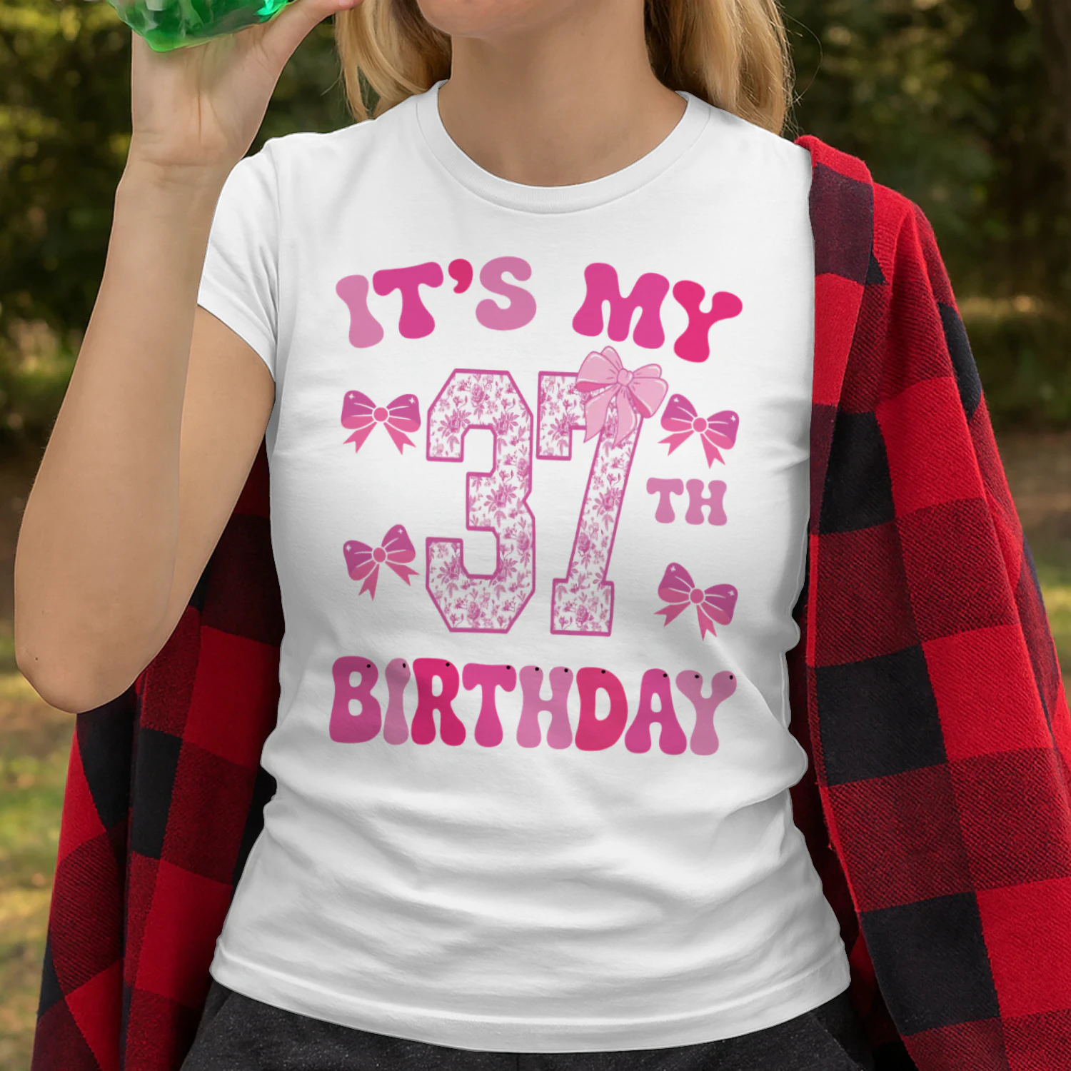 It's My 37th Birthday - Coquette Floral Pink Bow Milestone Birthday Apparel