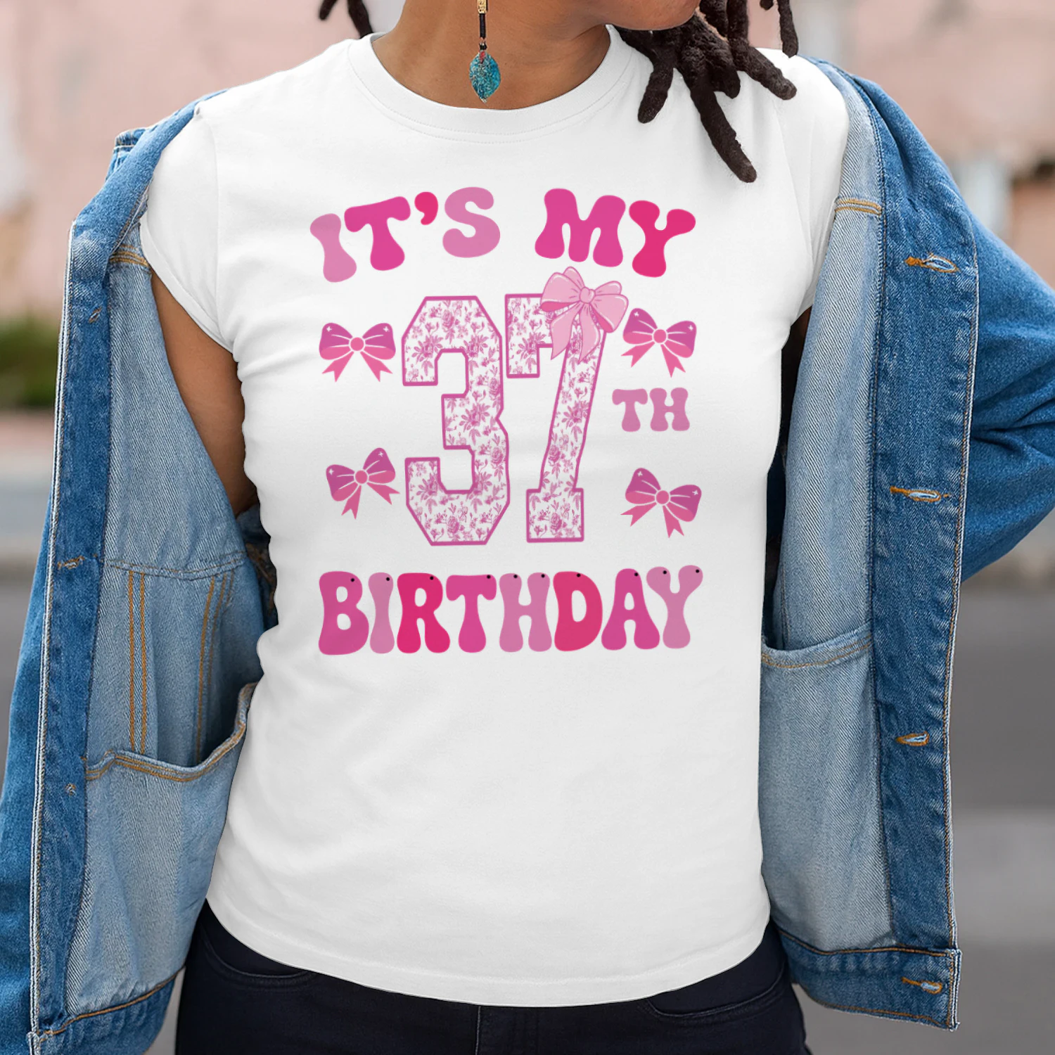 It's My 37th Birthday - Coquette Floral Pink Bow Milestone Birthday Apparel