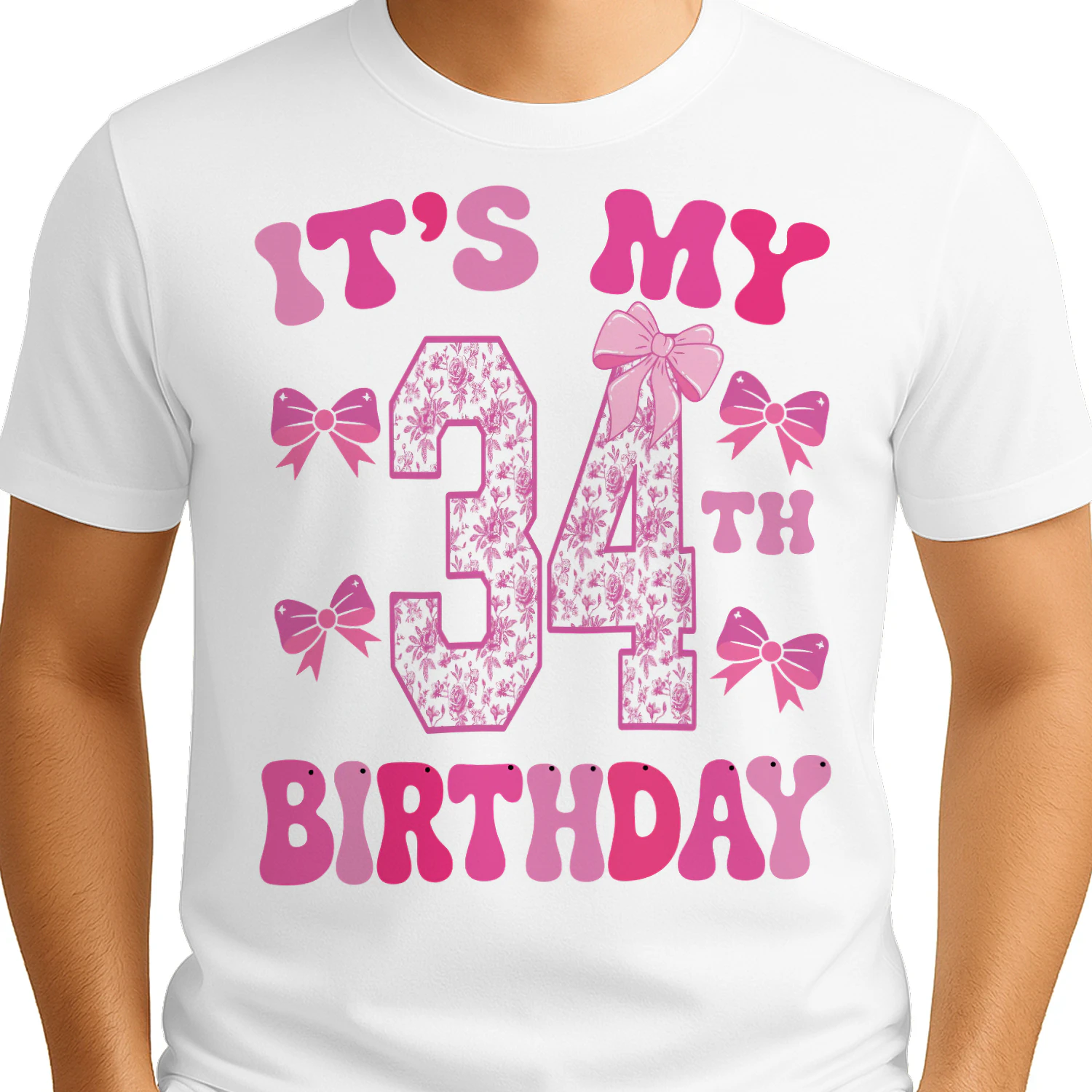 It's My 34th Birthday - Coquette Floral Pink Bow Milestone Birthday Apparel
