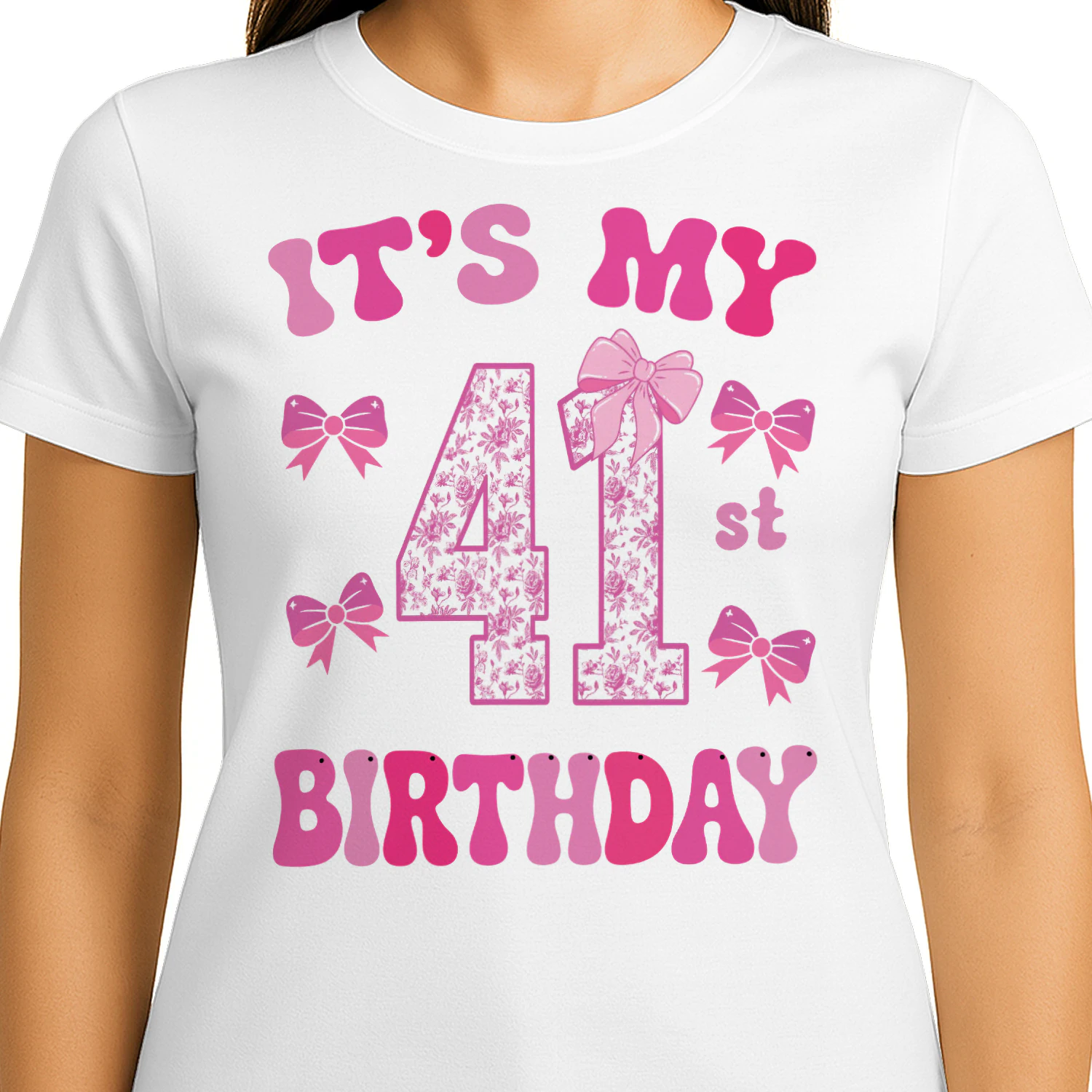 It's My 41st Birthday - Coquette Floral Pink Bow Milestone Birthday Apparel