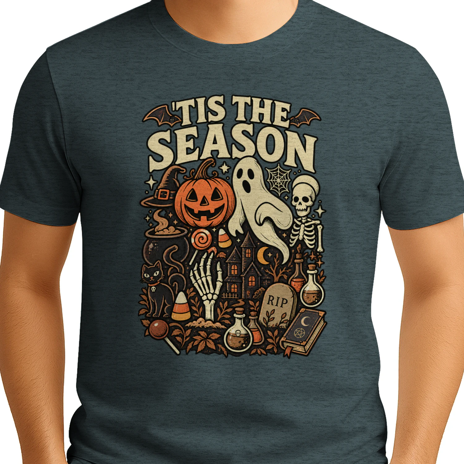 Tis the Season Halloween Shirt – Retro Ghost, Pumpkin & Skeleton Spooky Season Design