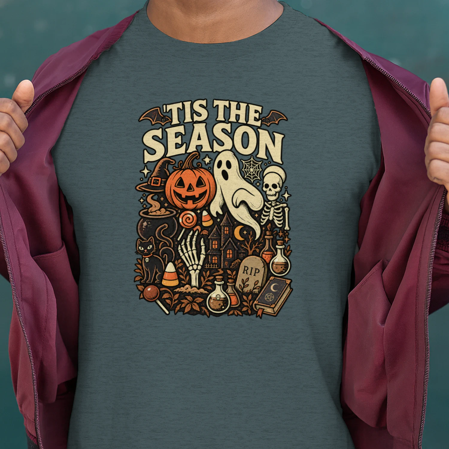 Tis the Season Halloween Shirt – Retro Ghost, Pumpkin & Skeleton Spooky Season Design