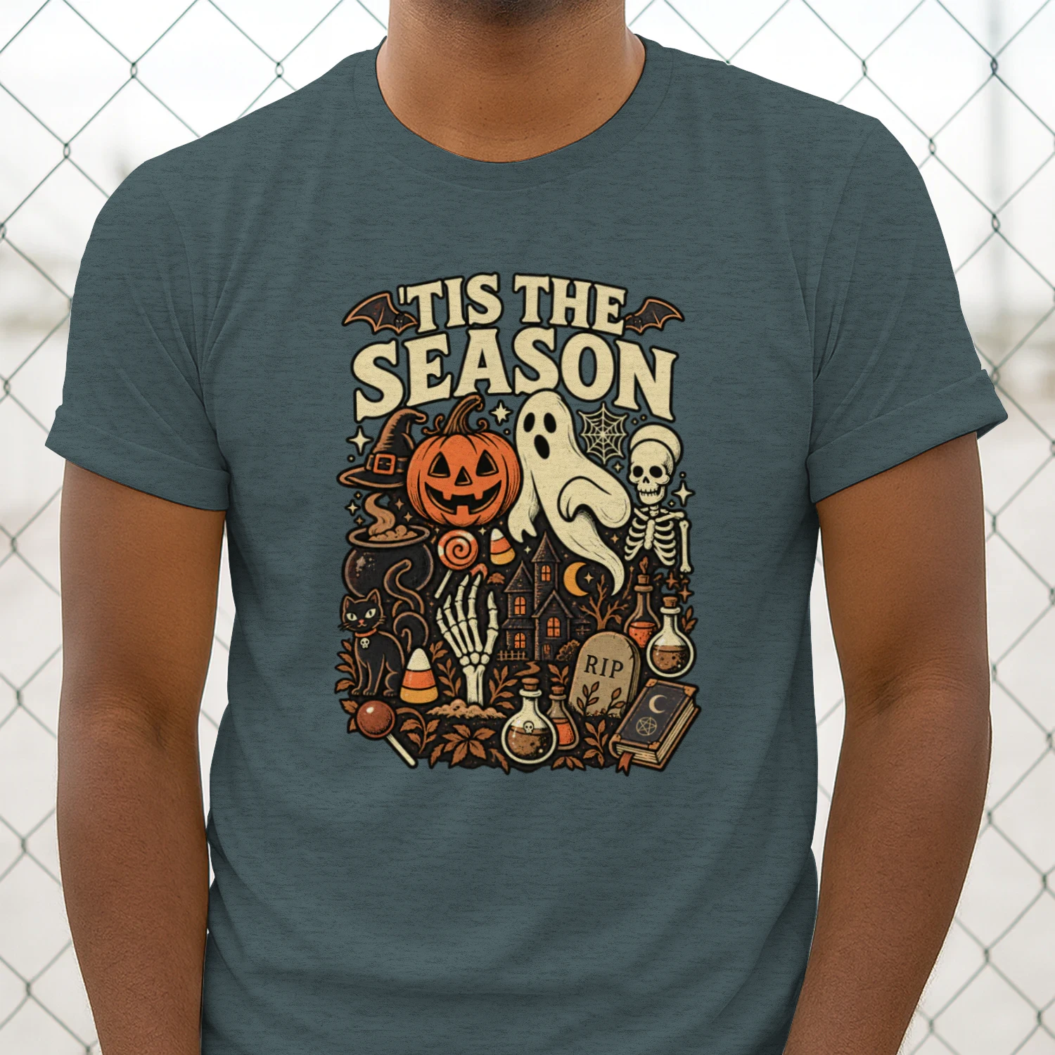 Tis the Season Halloween Shirt – Retro Ghost, Pumpkin & Skeleton Spooky Season Design