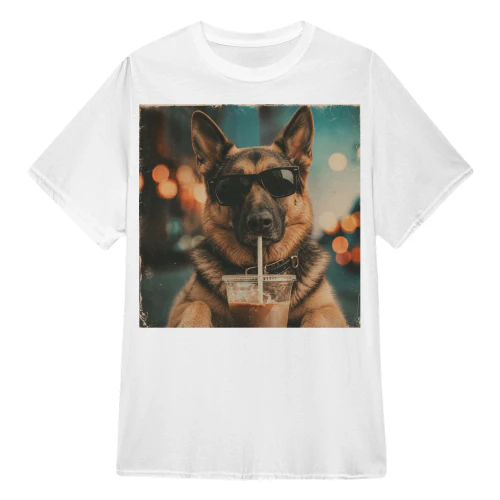 Vintage German Shepherd Drinking Iced Coffee 