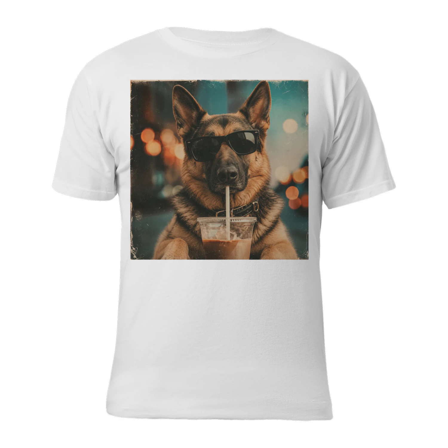 Vintage German Shepherd Drinking Iced Coffee 