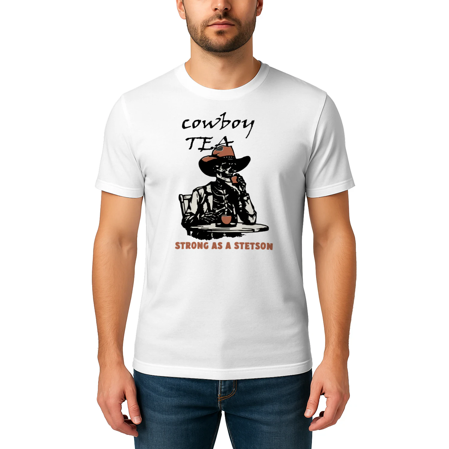 Vintage Cowboy Skeleton Drinking tea T-Shirt