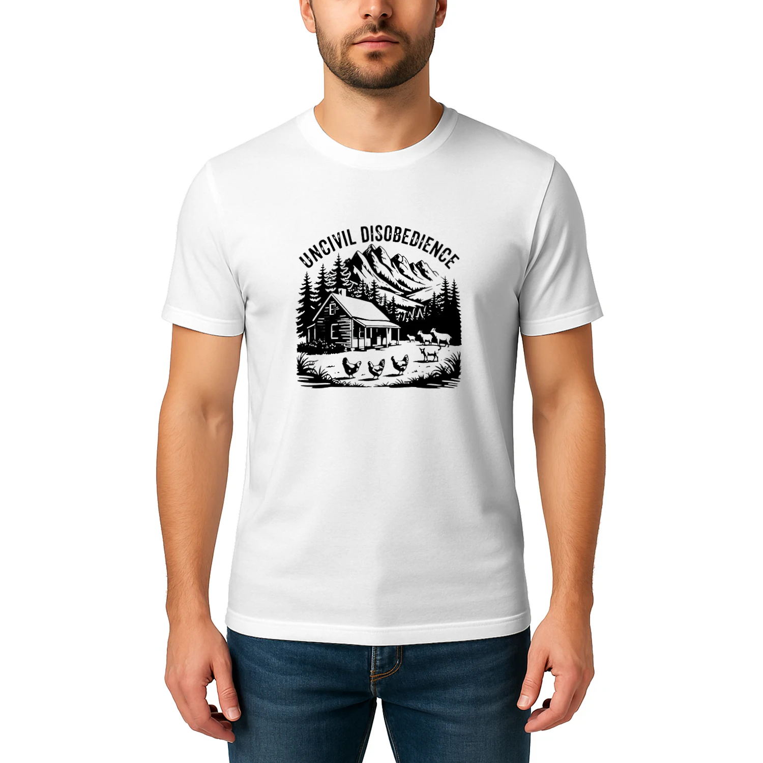 Uncivil Disobedience Mountain Cabin With Goats And Chickens T-shirt  Homestead Farm Life Design
