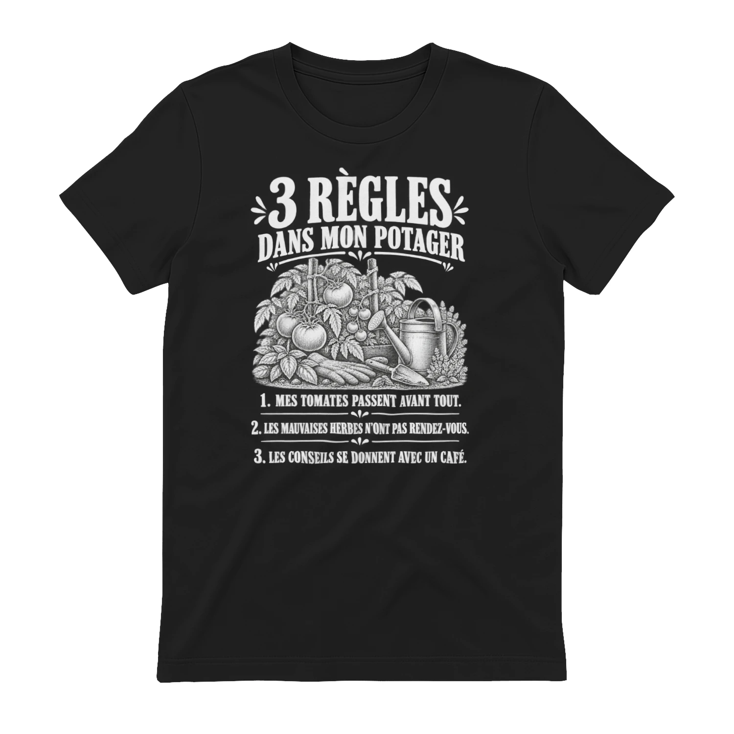 T-shirt unisexe jardinage humour – 3 règles dans mon potager