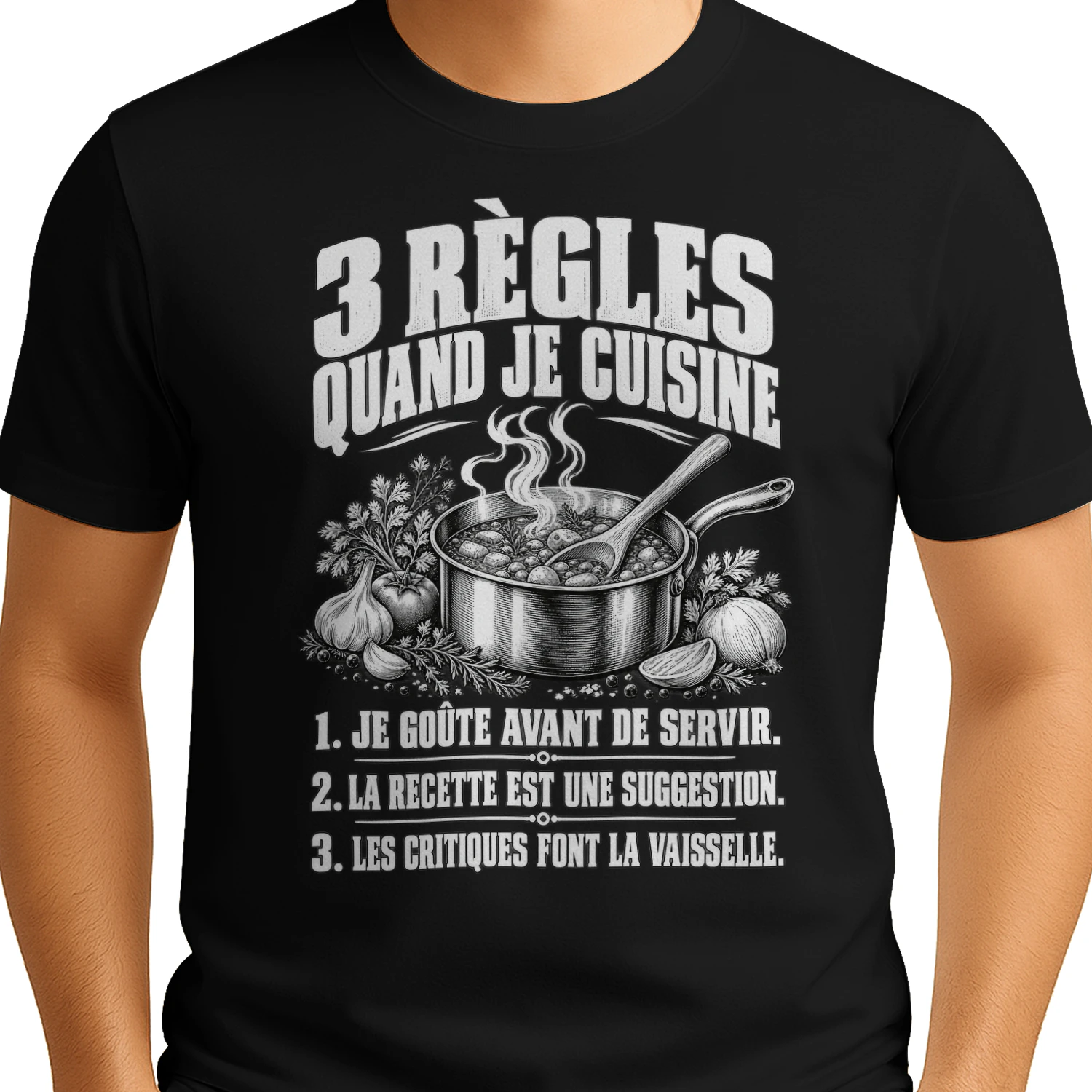 T-shirt unisexe cuisine humour – 3 règles quand je cuisine