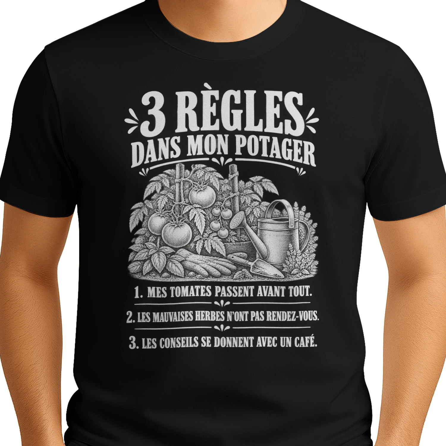 T-shirt unisexe jardinage humour – 3 règles dans mon potager