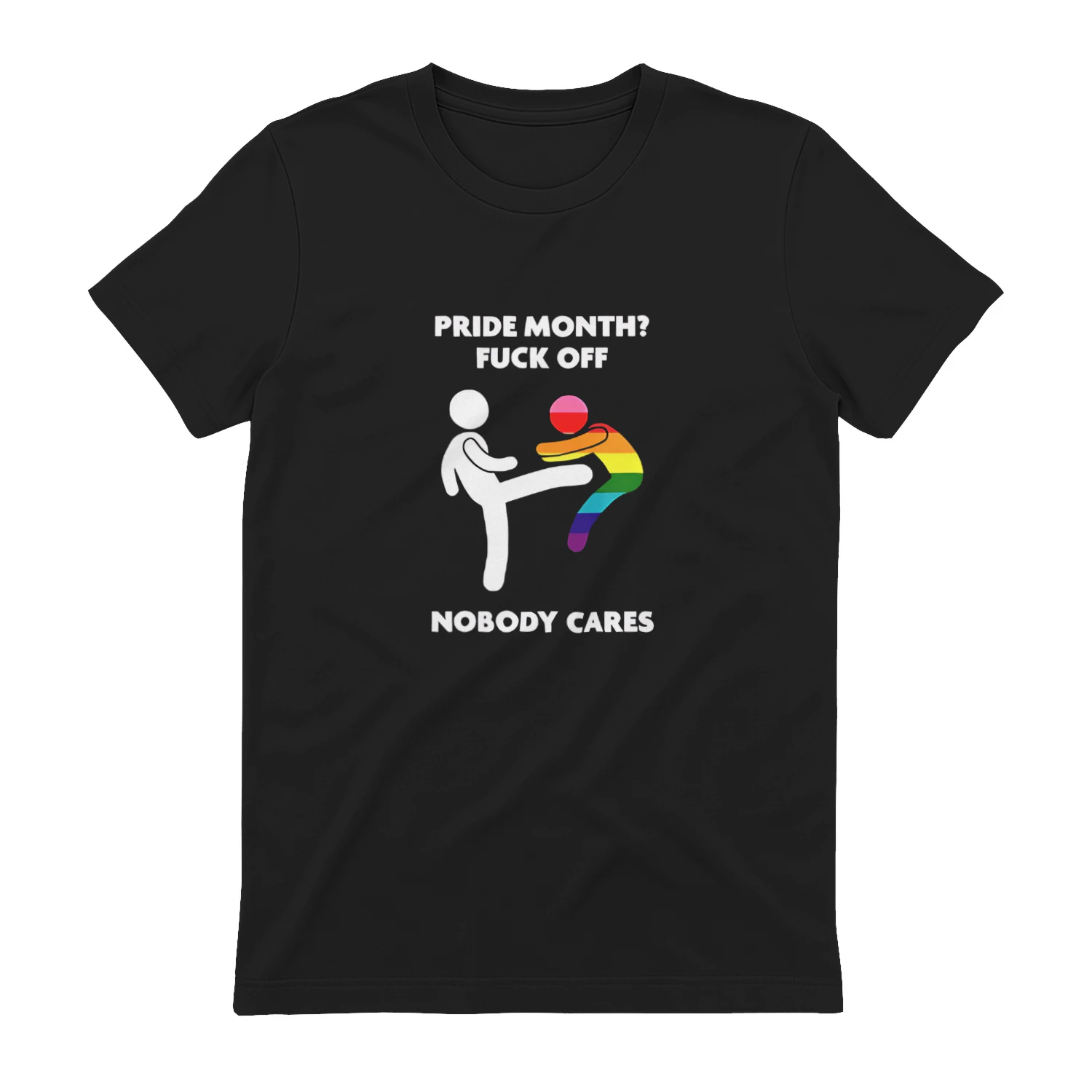 Stick figure kicking rainbow character pride month fuck off nobody cares shirt