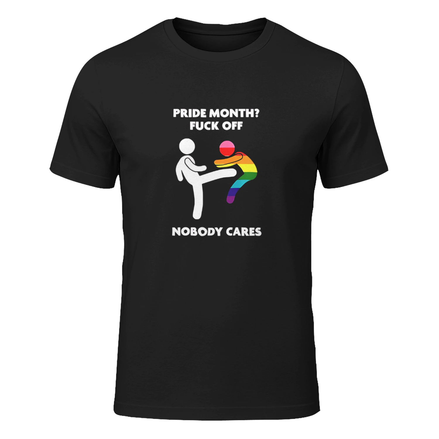 Stick figure kicking rainbow character pride month fuck off nobody cares shirt